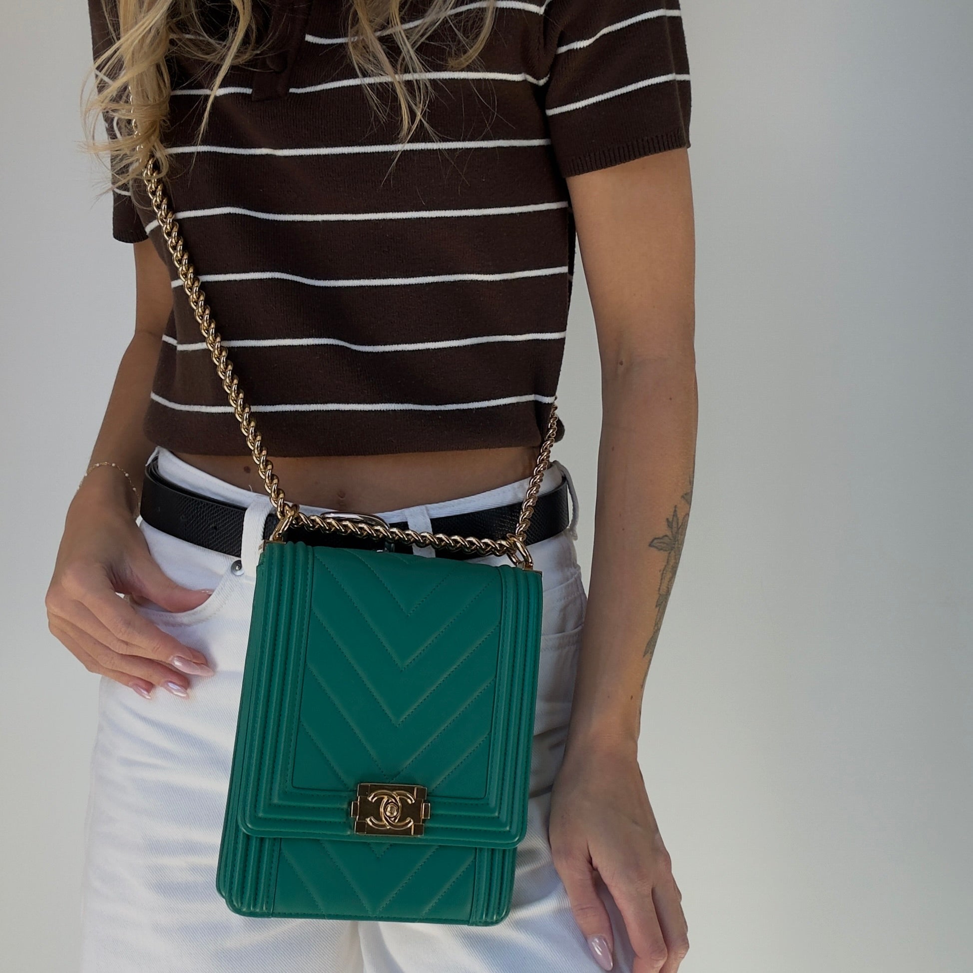 Chanel North South Chevron Boy Bag Green - Queen May