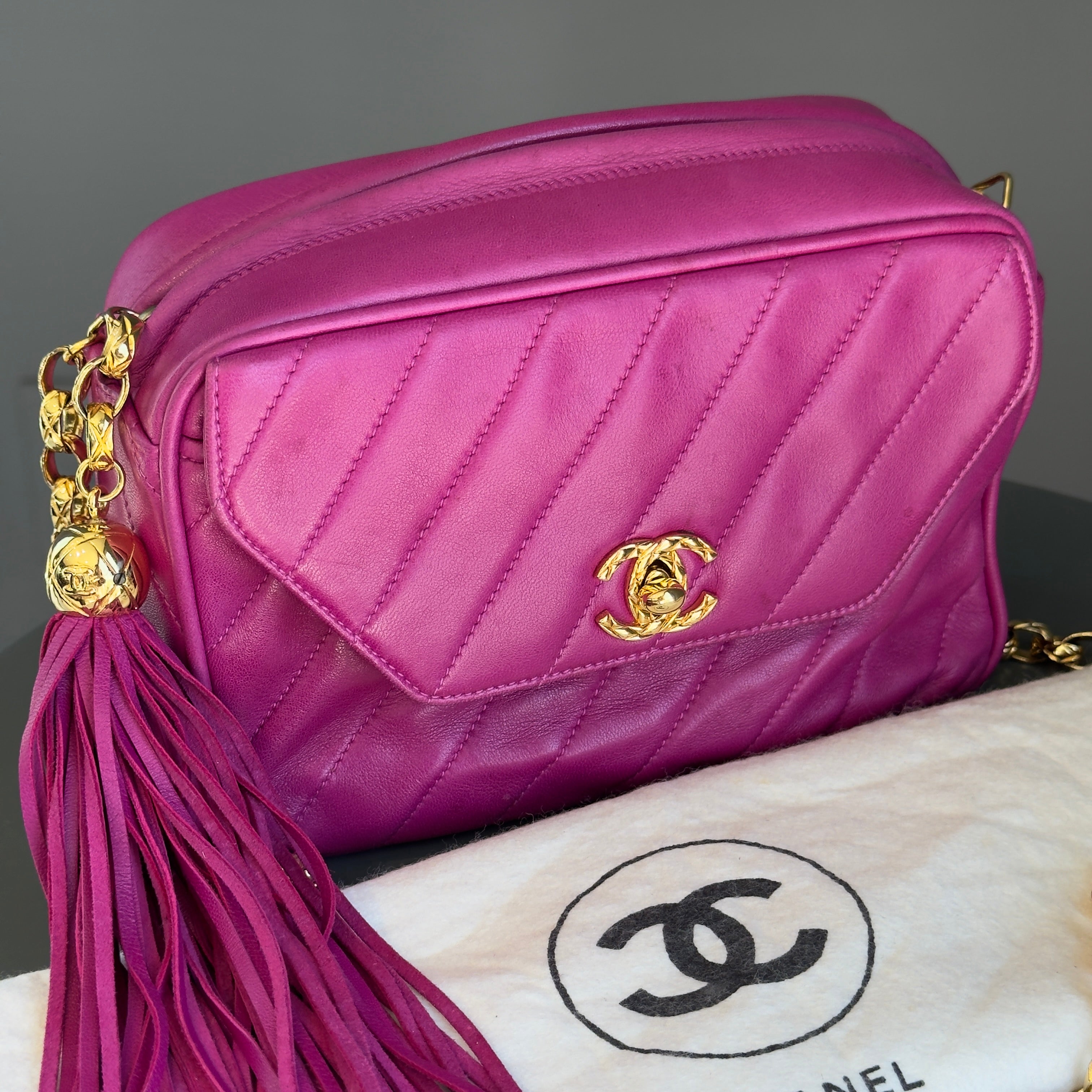 Chanel Mademoiselle Fringe Chain Shoulder Bag Lambskin Fuchsia CC Bijoux Chain - Queen May