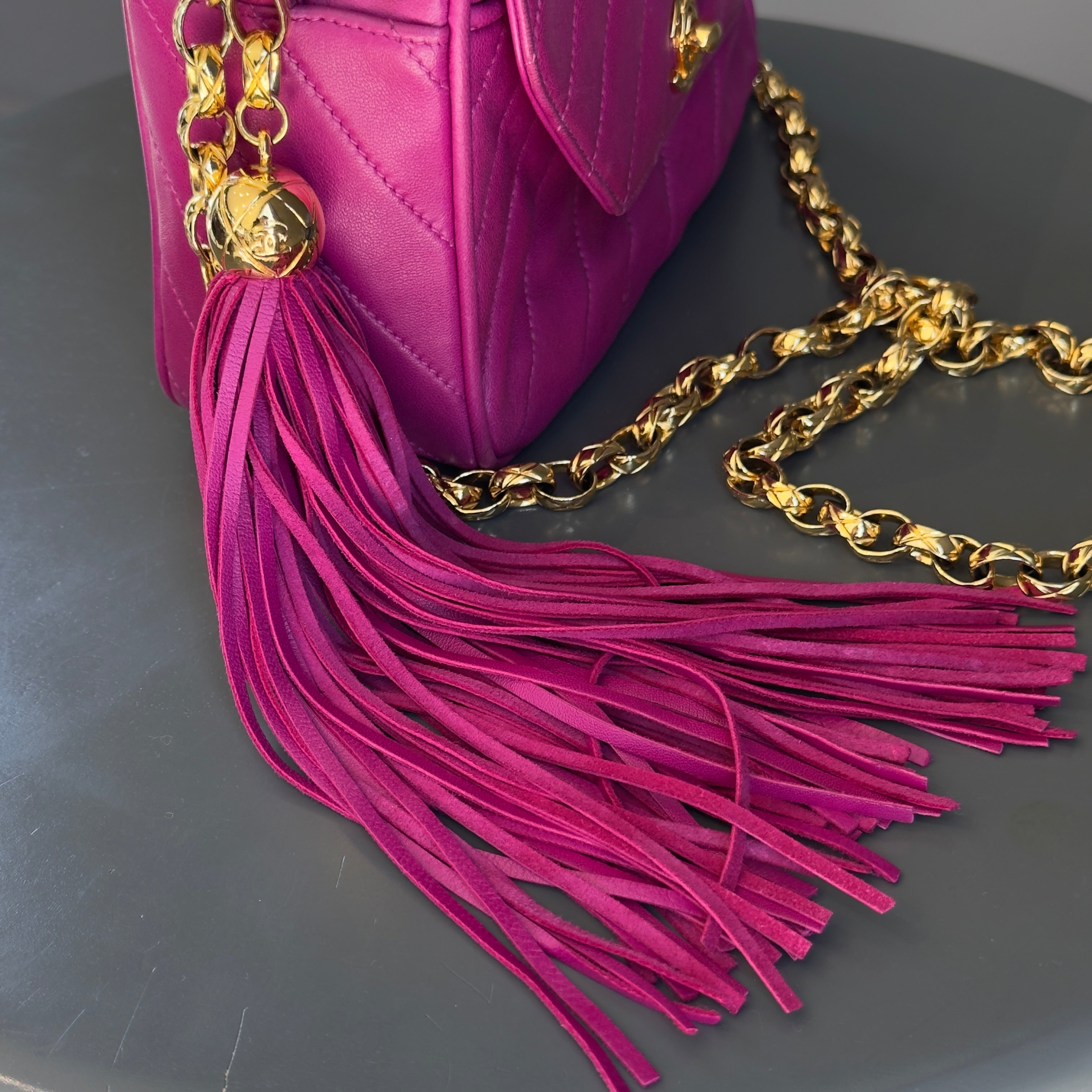 Chanel Mademoiselle Fringe Chain Shoulder Bag Lambskin Fuchsia CC Bijoux Chain - Queen May