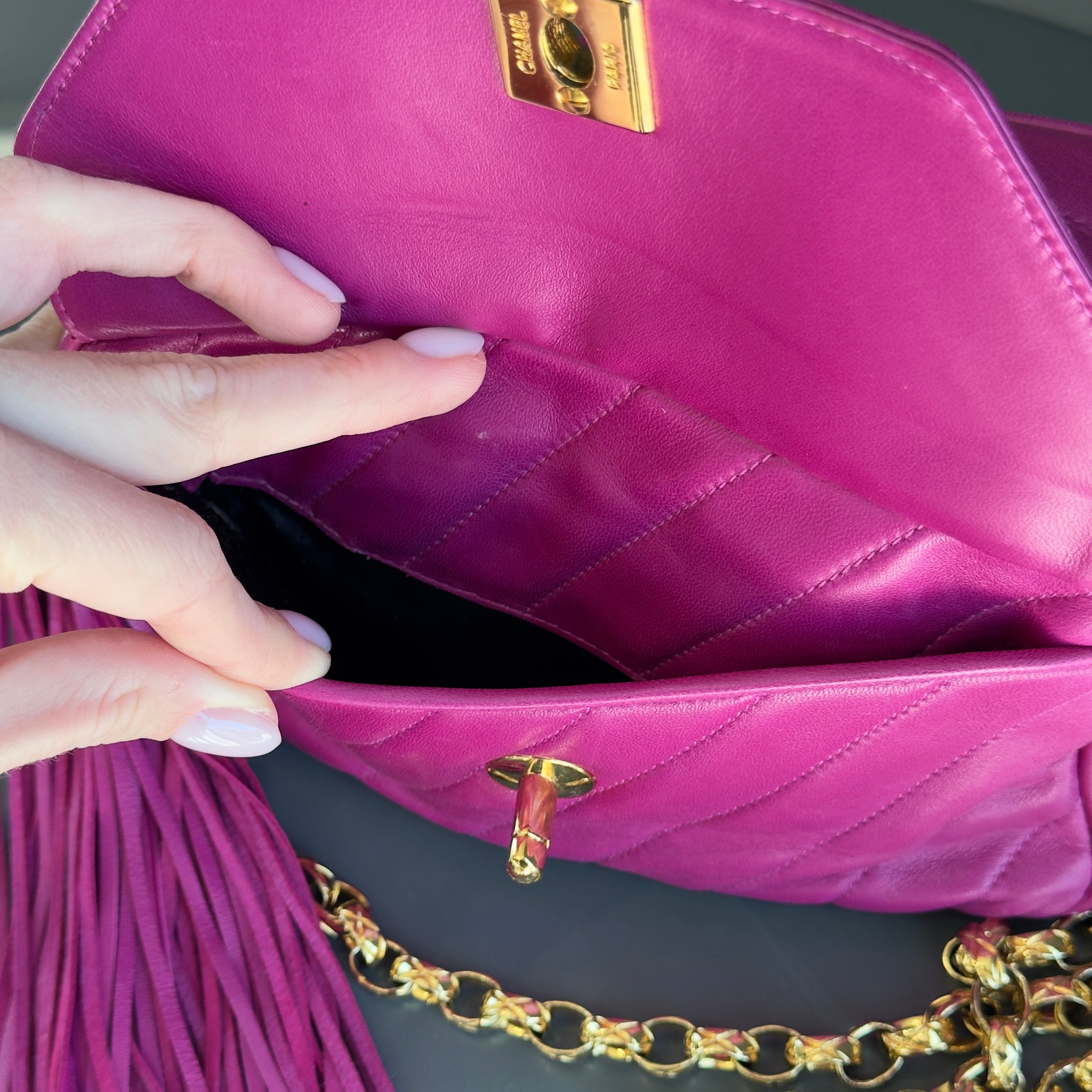 Chanel Mademoiselle Fringe Chain Shoulder Bag Lambskin Fuchsia CC Bijoux Chain - Queen May