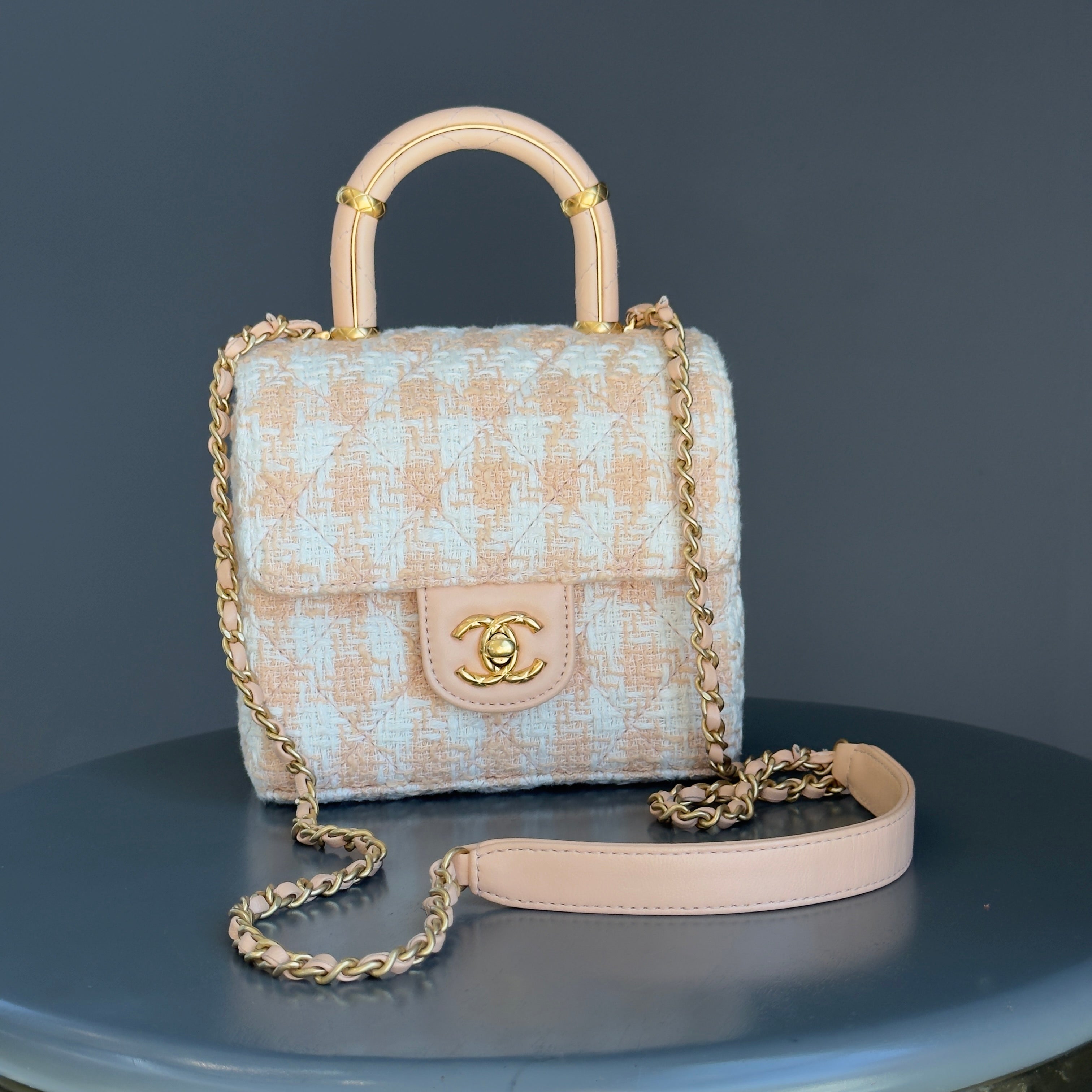 Chanel Crush Top Handle Flap Bag Quilted Tweed Mini - Queen May