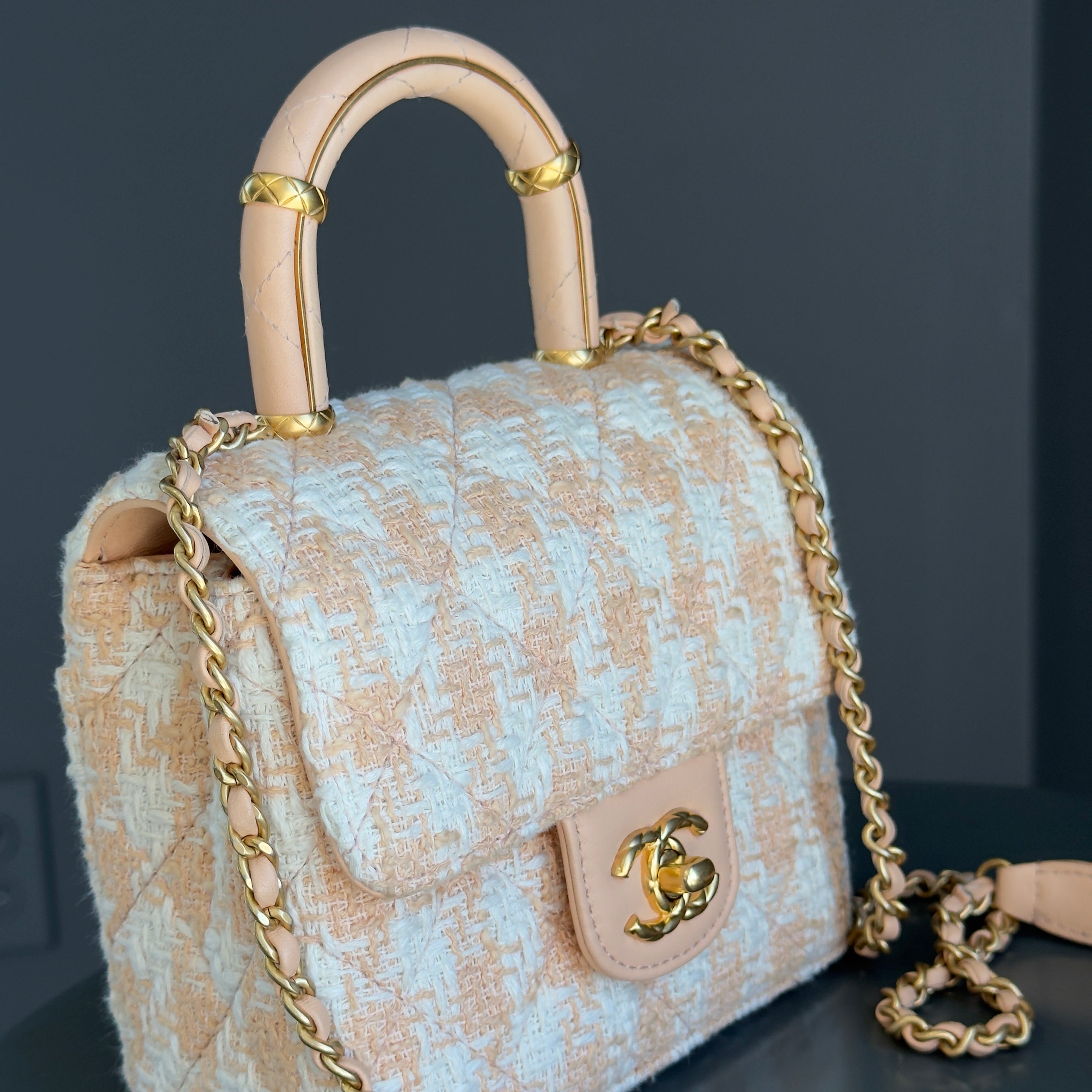 Chanel Crush Top Handle Flap Bag Quilted Tweed Mini - Queen May