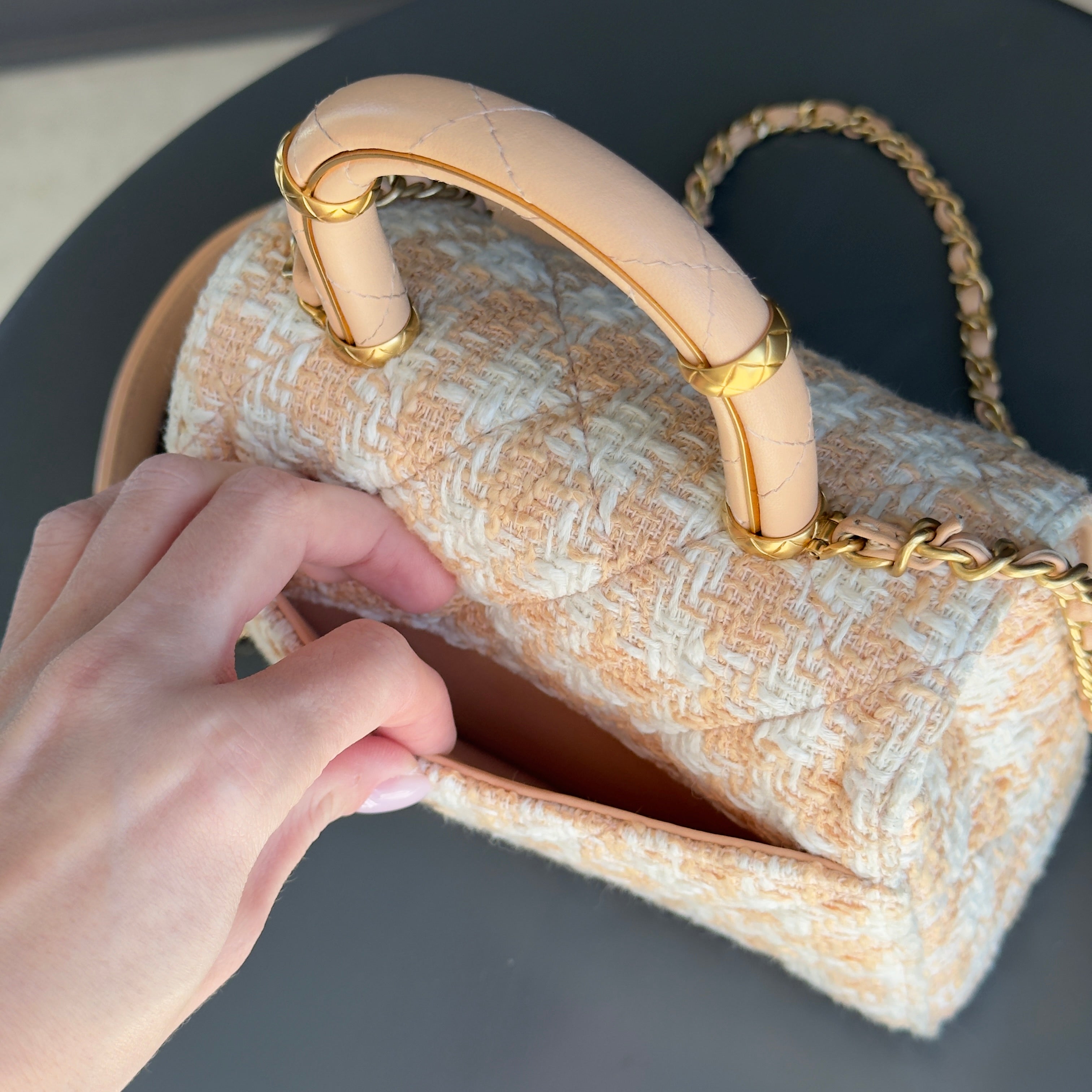 Chanel Crush Top Handle Flap Bag Quilted Tweed Mini - Queen May