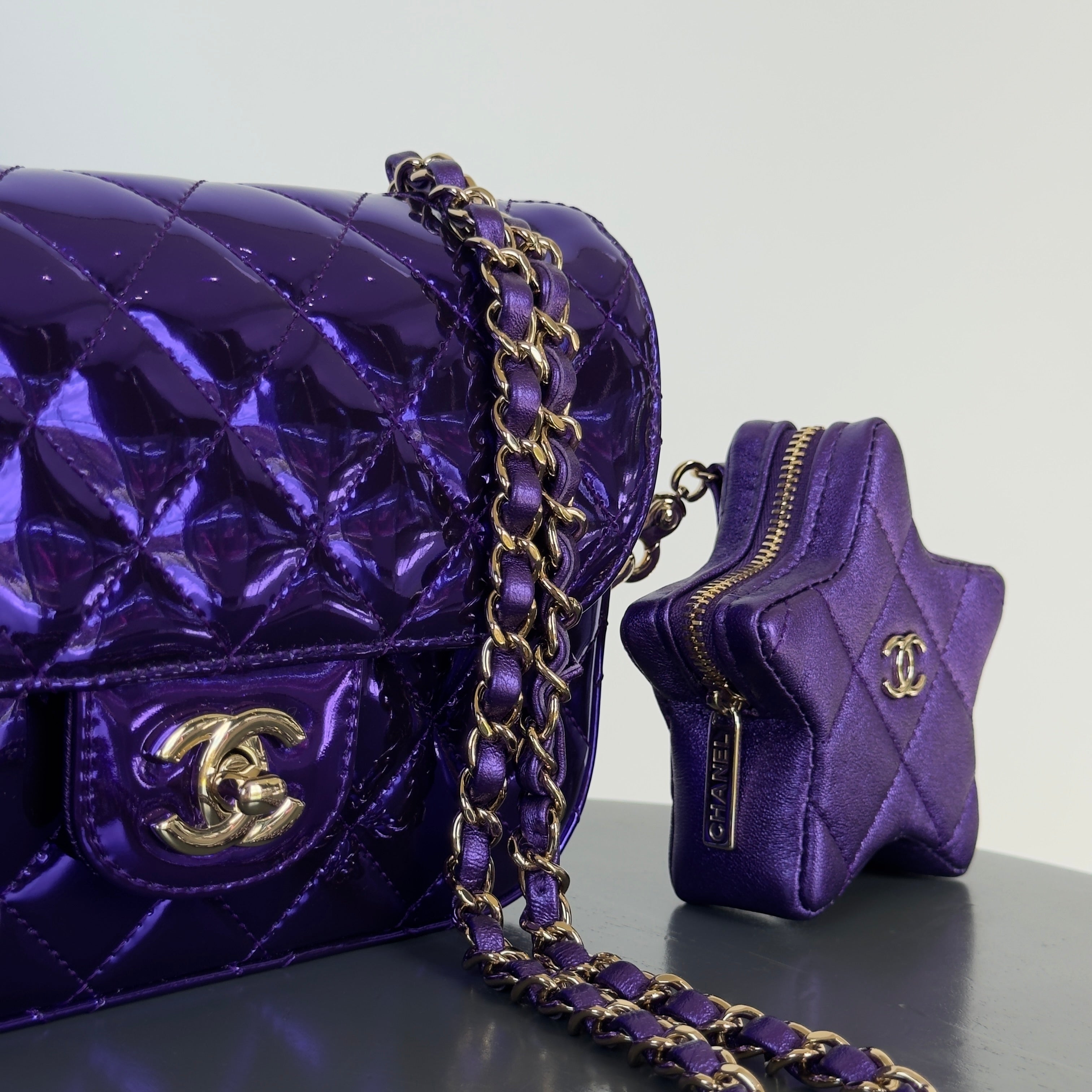 Chanel Metallic Lambskin Hollywood Boulevard Flap Bag With Star Clip On Coin Purse Purple - Queen May