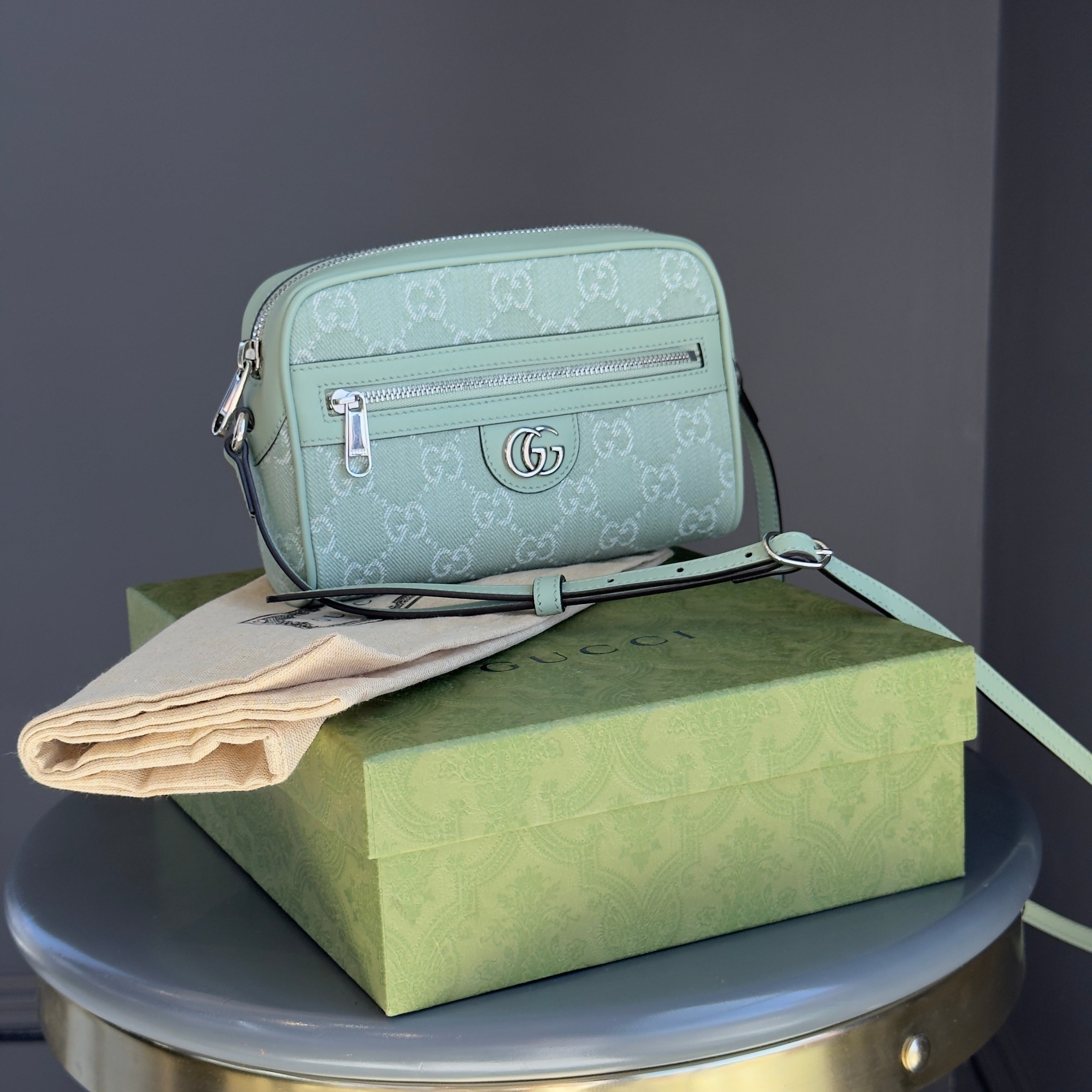 Gucci Ophidia Mini Bag in Pale Green Denim - Queen May