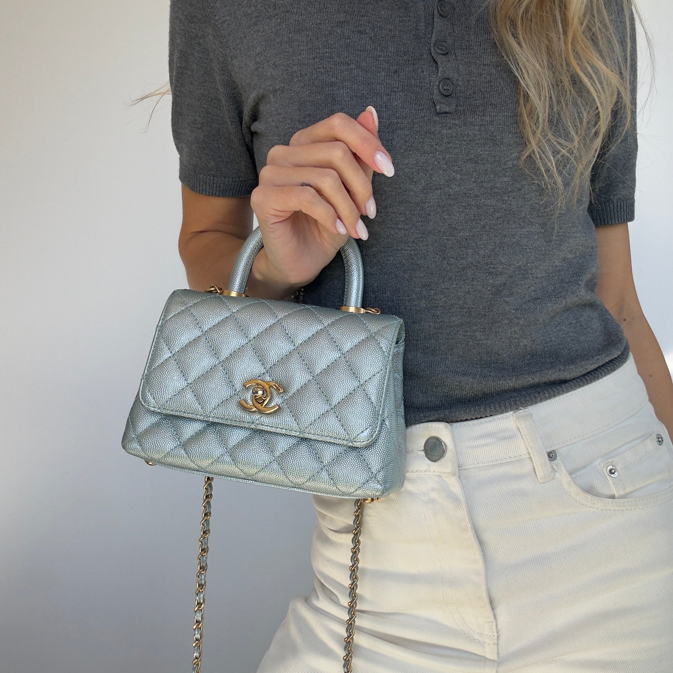 Chanel Metallic Caviar Quilted Mini Coco Handle Flap Light Blue - Queen May