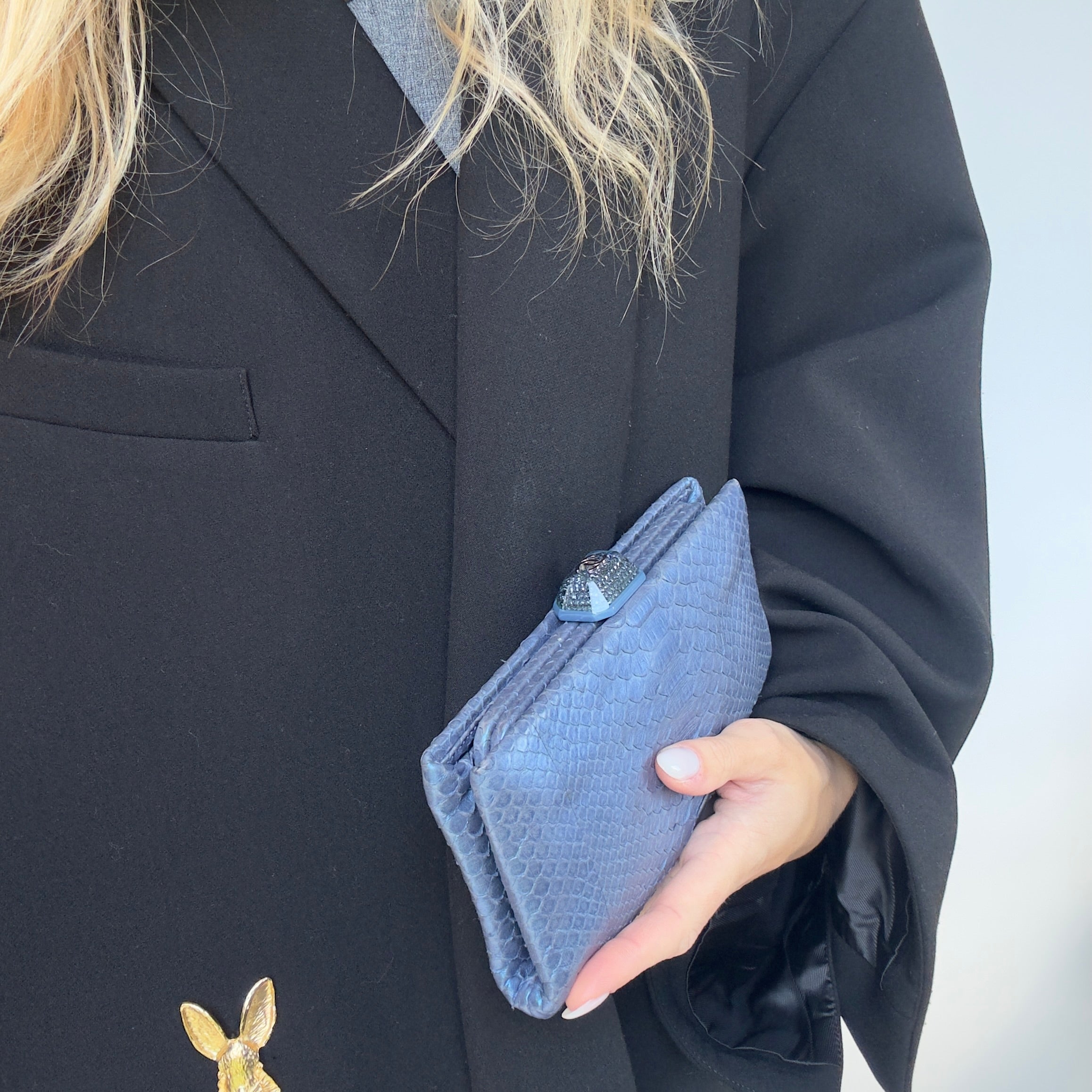 Vintage Chanel Classic Clutch Bag Blue Python - Queen May