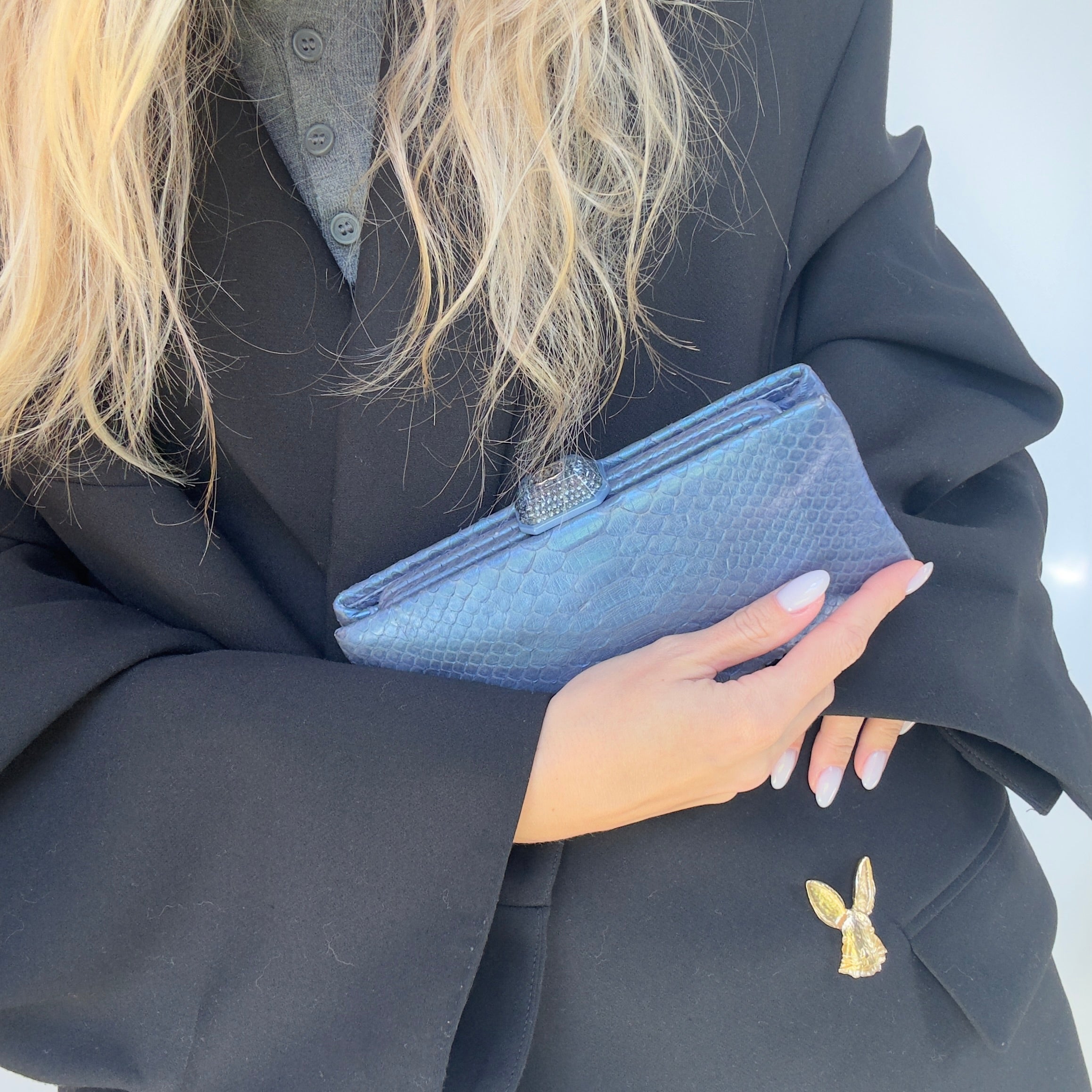 Vintage Chanel Classic Clutch Bag Blue Python - Queen May