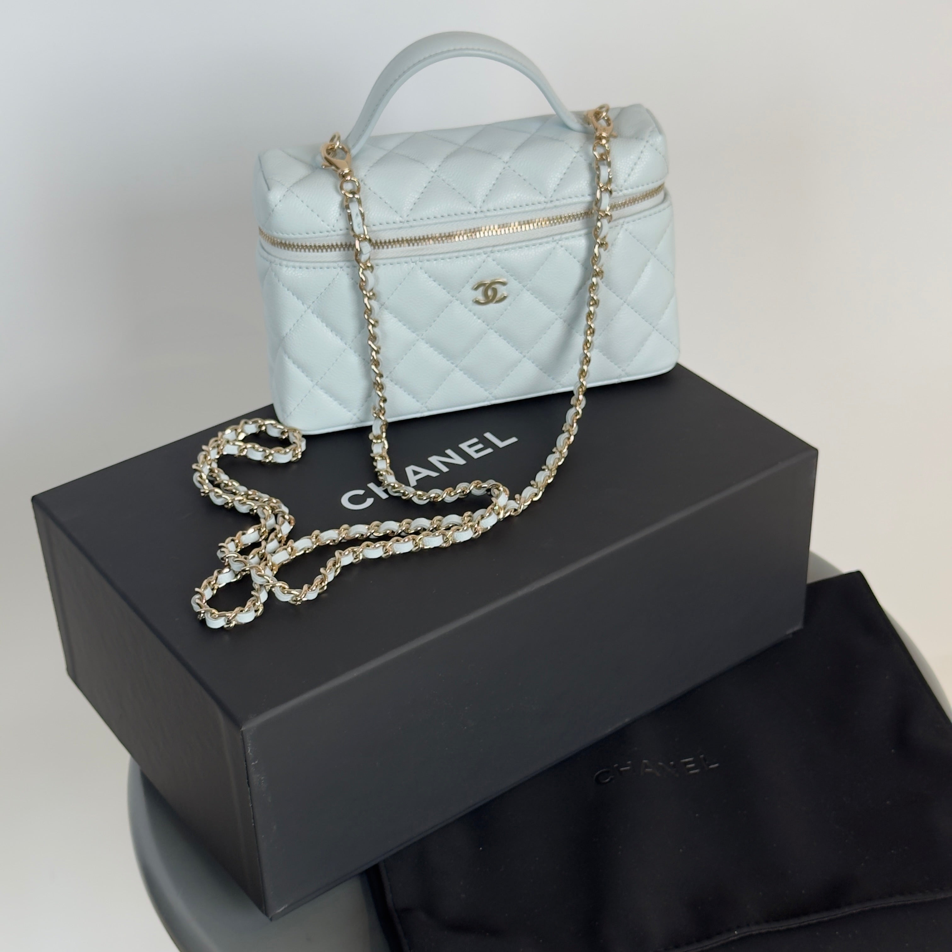 Chanel Caviar Quilted Top Handle Slim Vanity with Chain Light Blue - Queen May