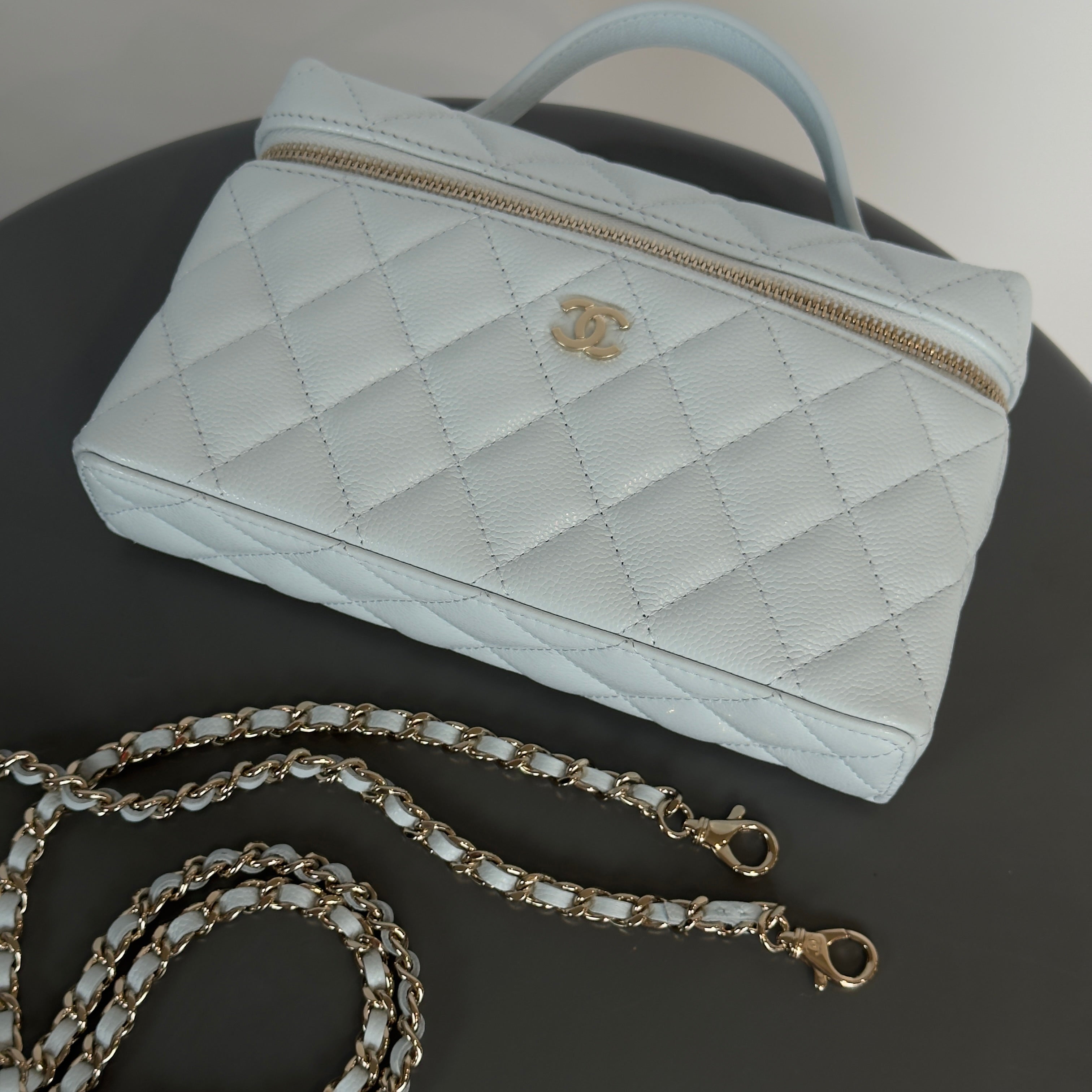 Chanel Caviar Quilted Top Handle Slim Vanity with Chain Light Blue - Queen May