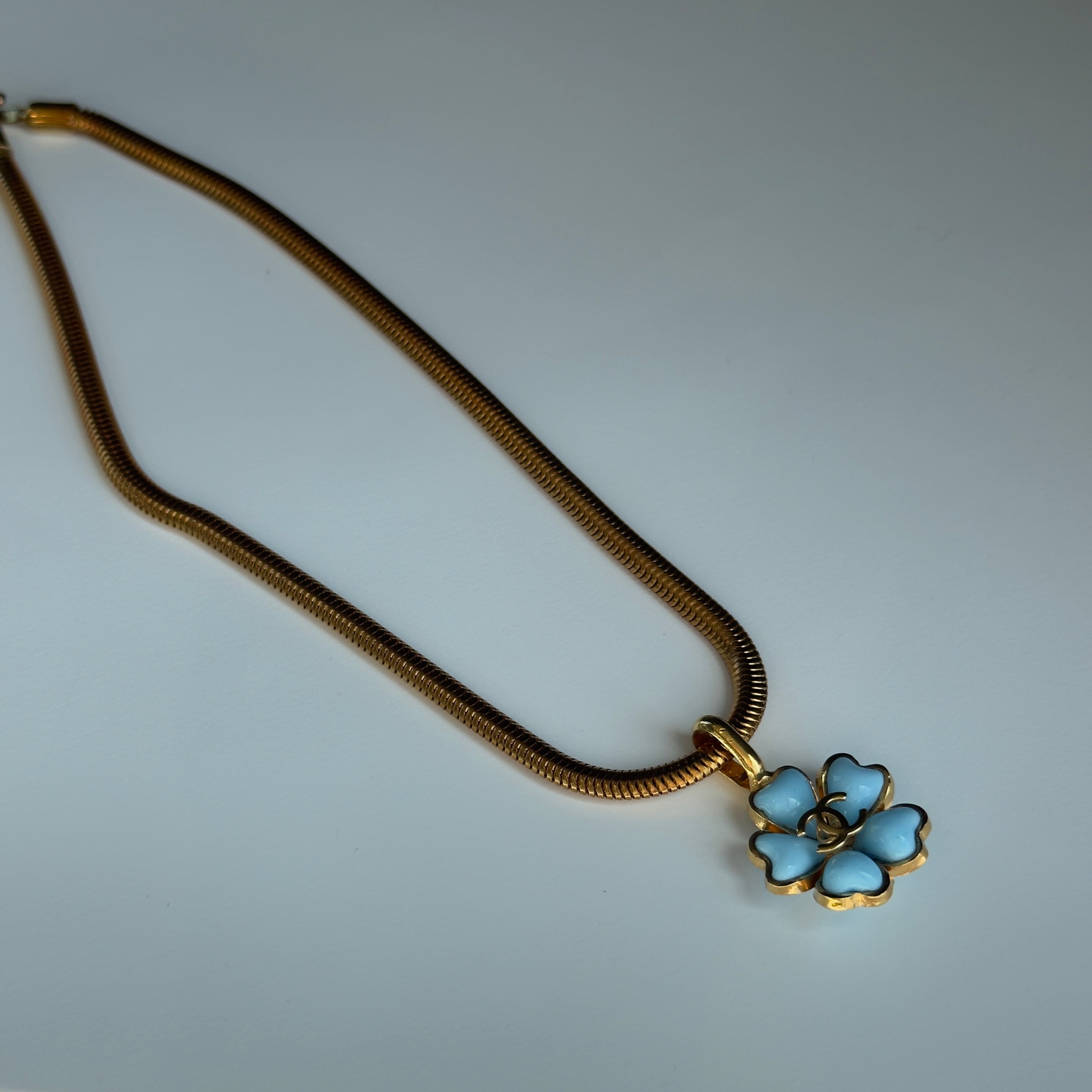 Chanel Vintage 97P Gripoix Blue Camelia Pendant Necklace Spring 1997 - Queen May