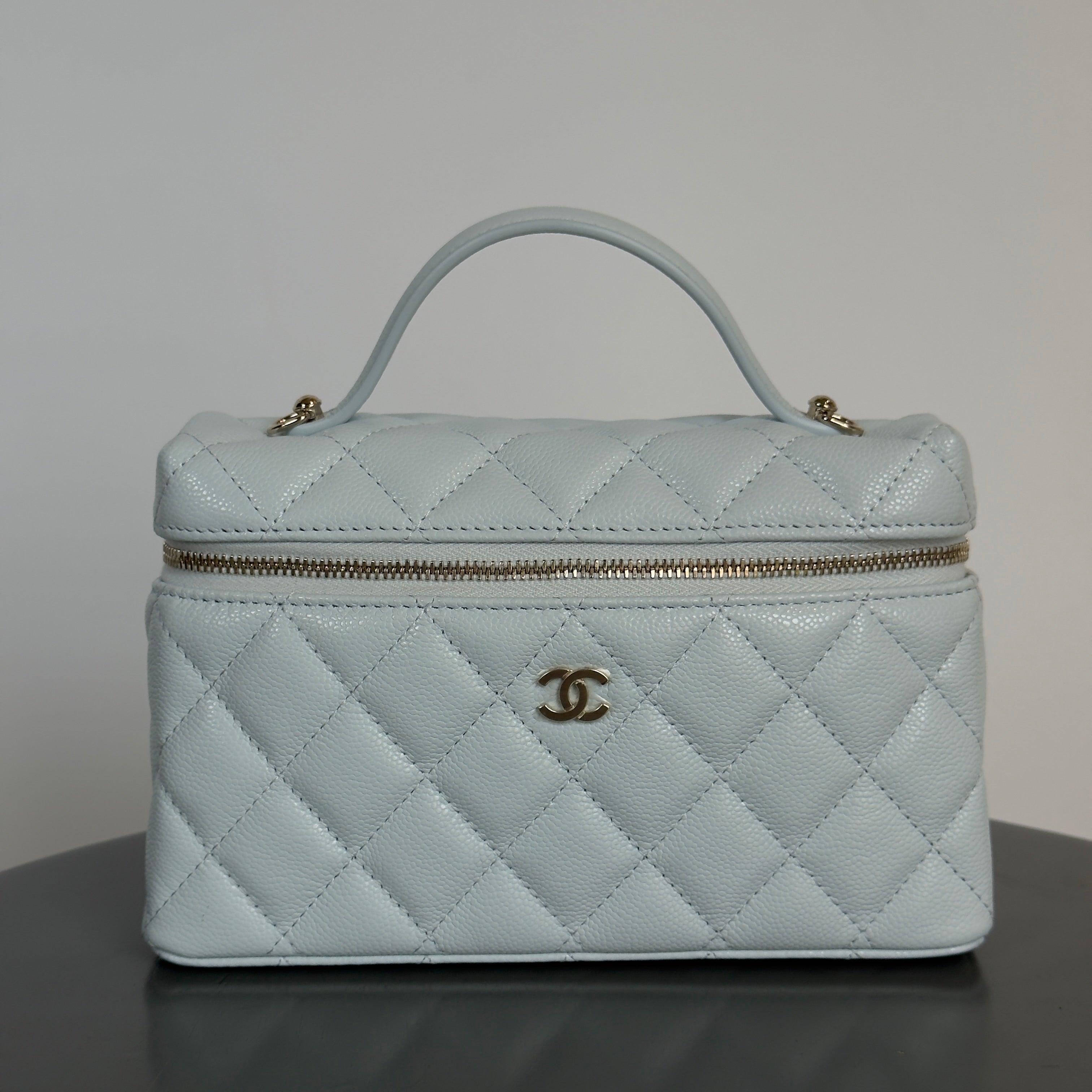 Chanel Caviar Quilted Top Handle Slim Vanity with Chain Light Blue - Queen May