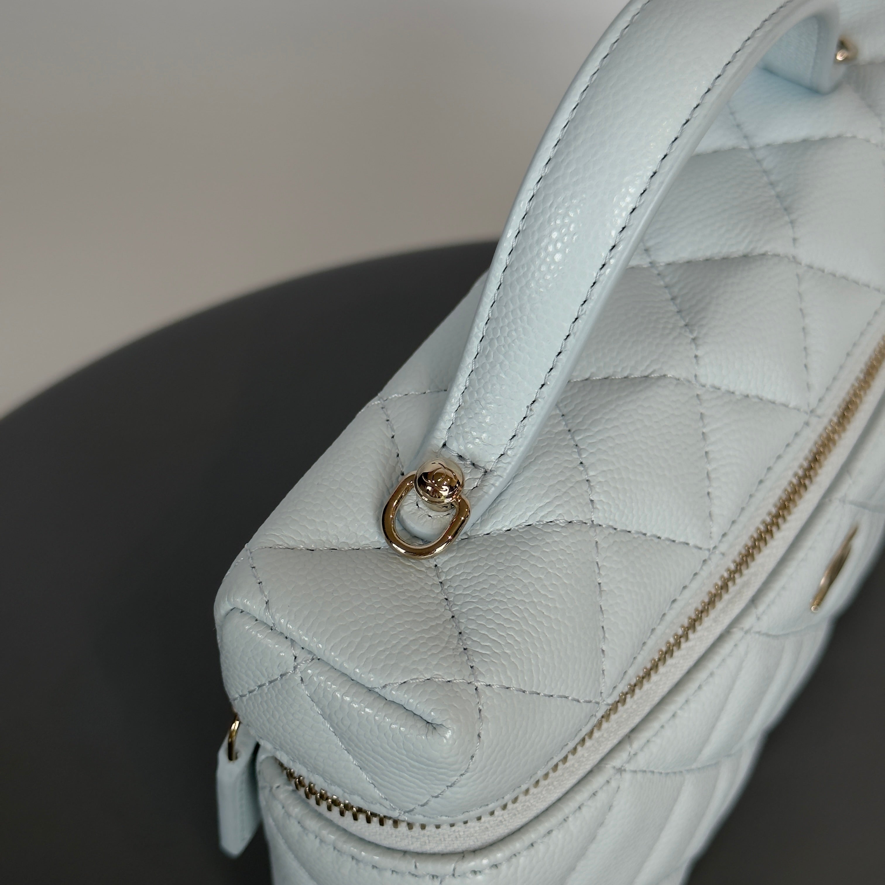 Chanel Caviar Quilted Top Handle Slim Vanity with Chain Light Blue - Queen May