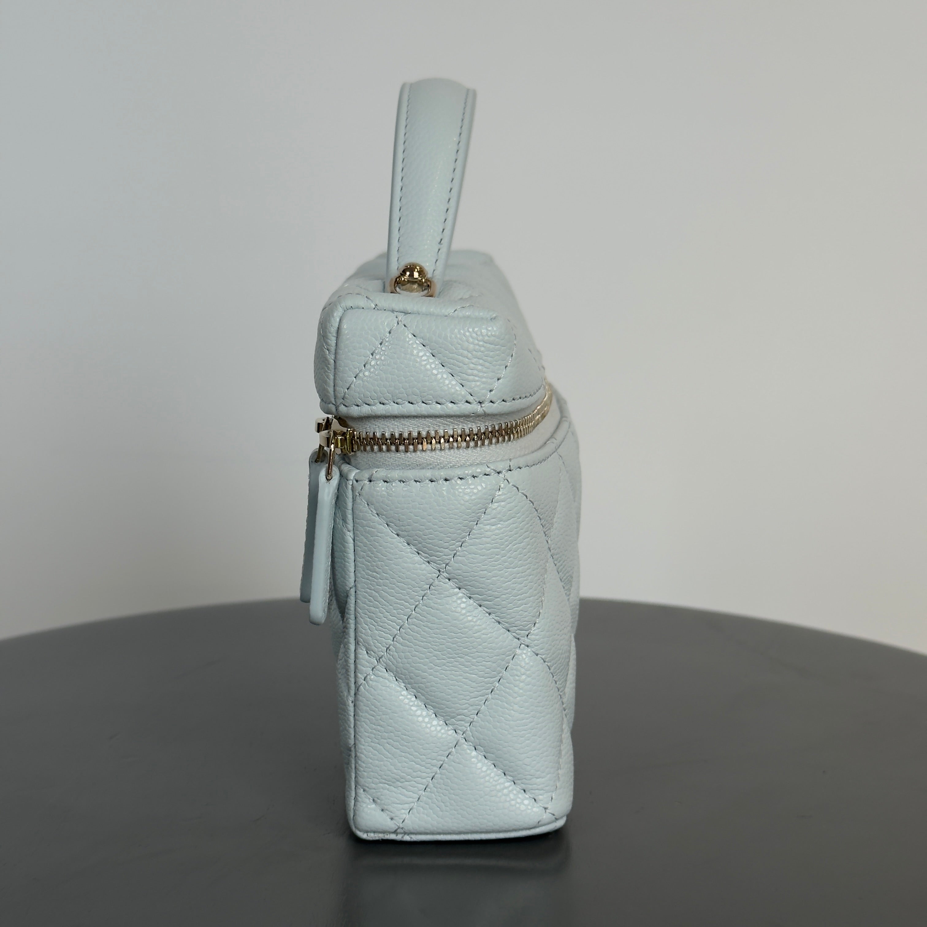 Chanel Caviar Quilted Top Handle Slim Vanity with Chain Light Blue - Queen May