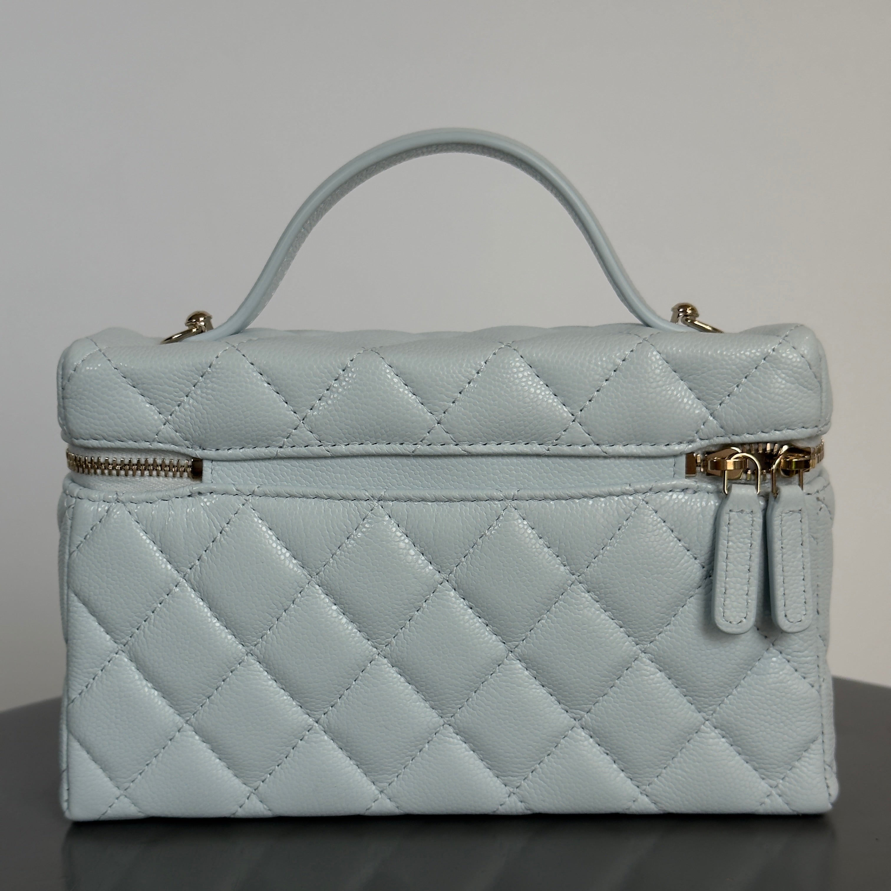 Chanel Caviar Quilted Top Handle Slim Vanity with Chain Light Blue - Queen May