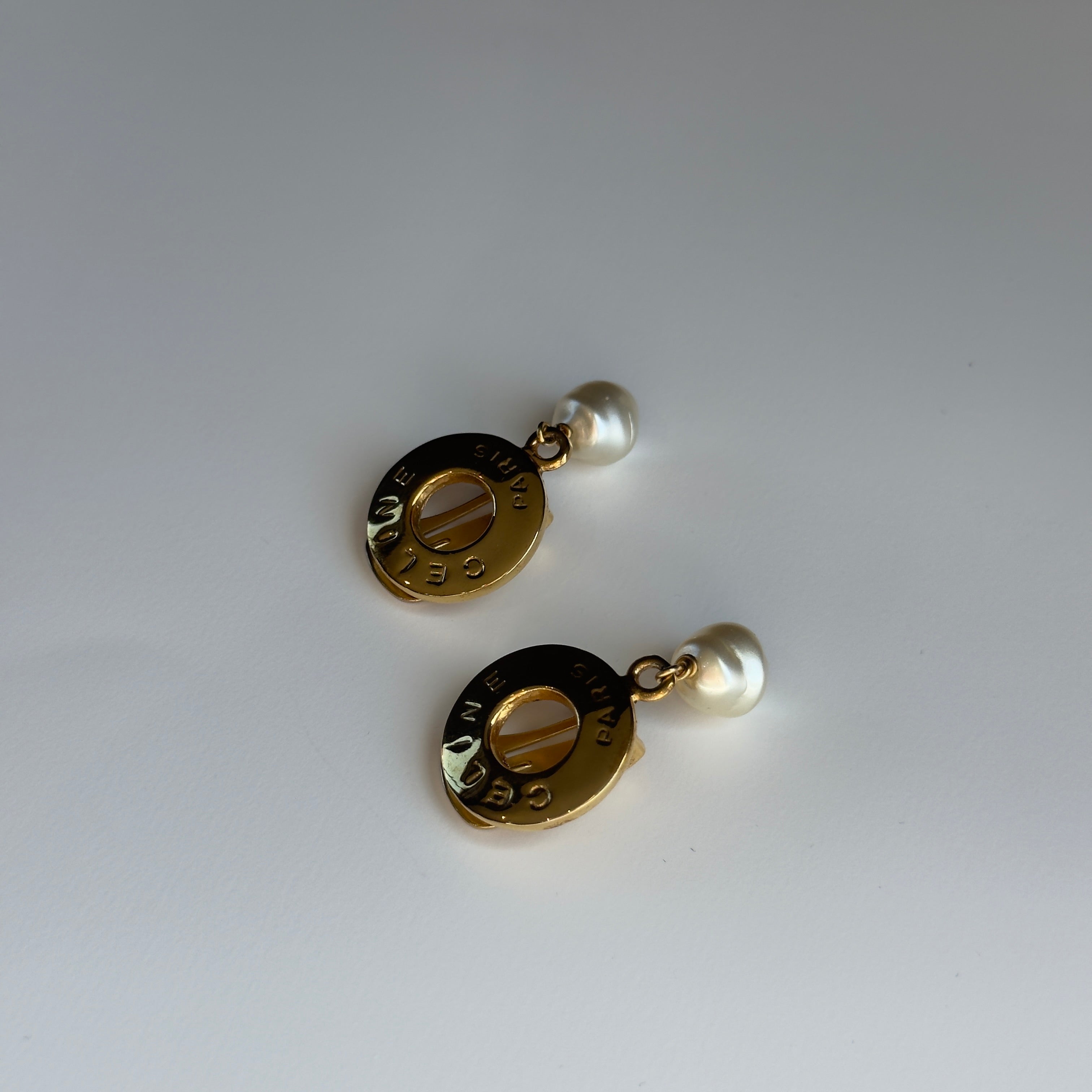 Celine Logo Faux Pearl Drop Clip-on Earrings - Queen May