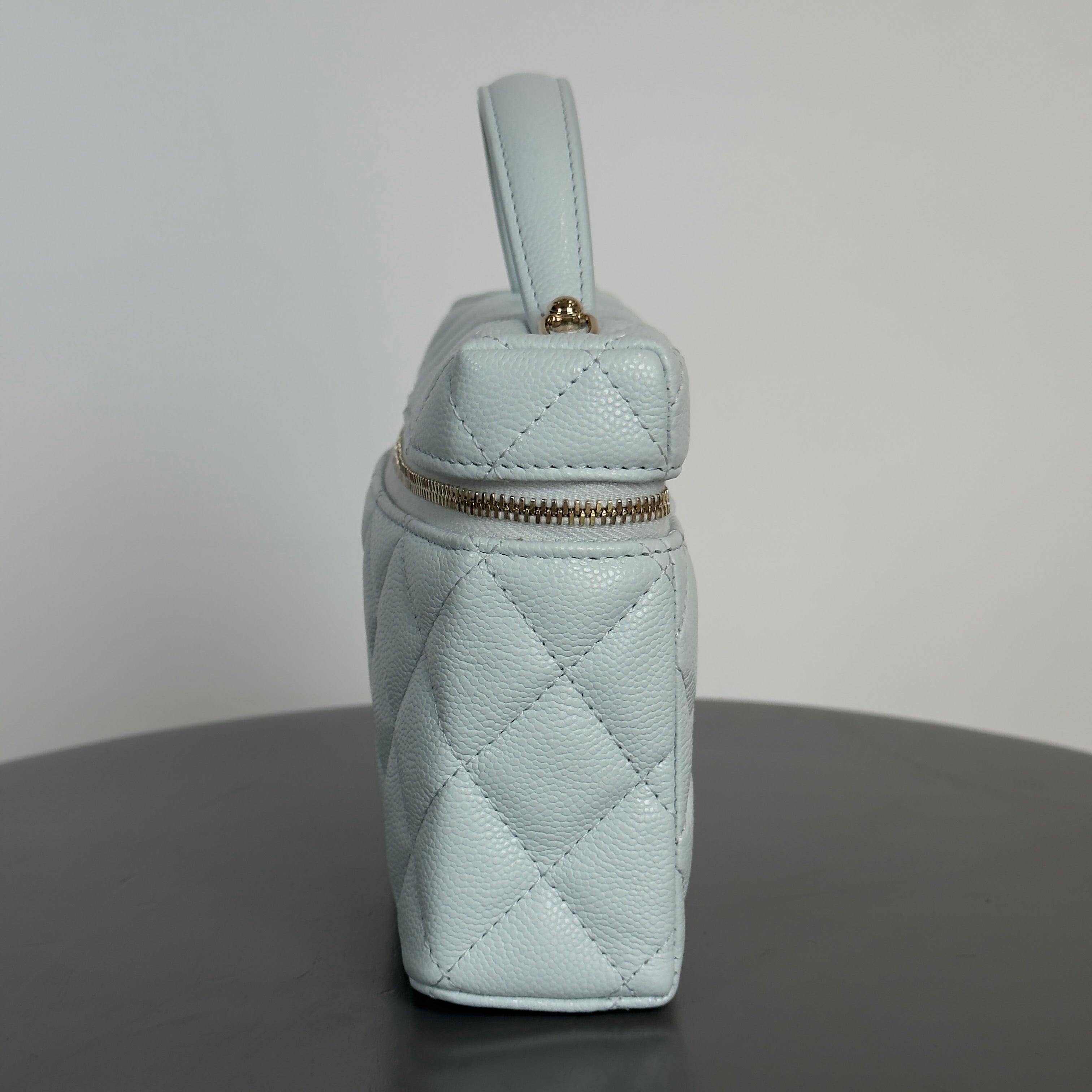 Chanel Caviar Quilted Top Handle Slim Vanity with Chain Light Blue - Queen May