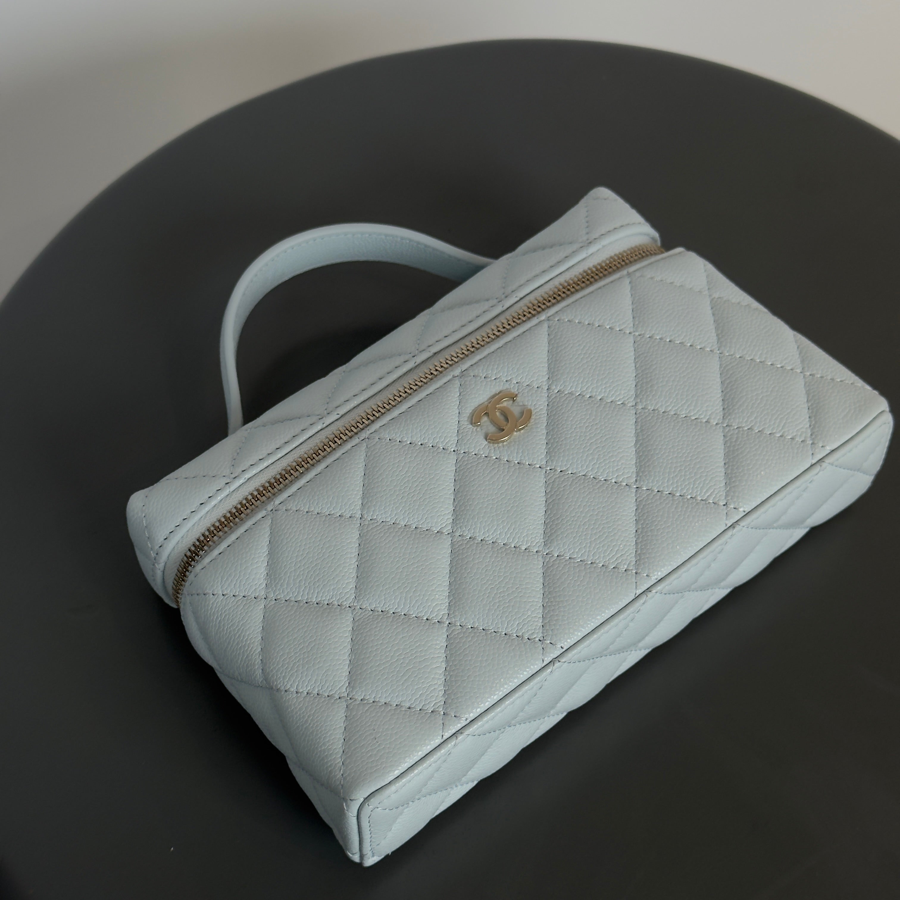 Chanel Caviar Quilted Top Handle Slim Vanity with Chain Light Blue - Queen May