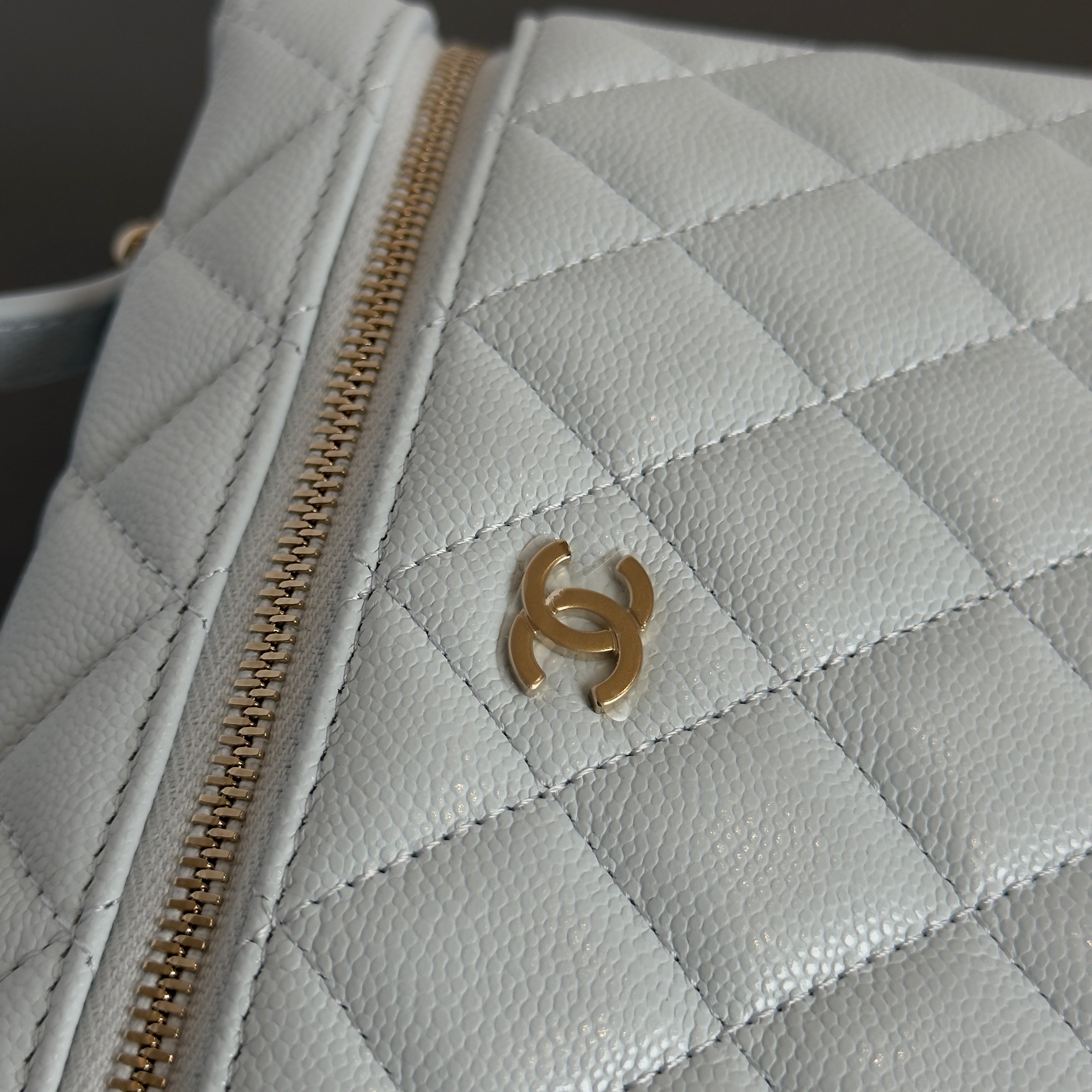 Chanel Caviar Quilted Top Handle Slim Vanity with Chain Light Blue - Queen May