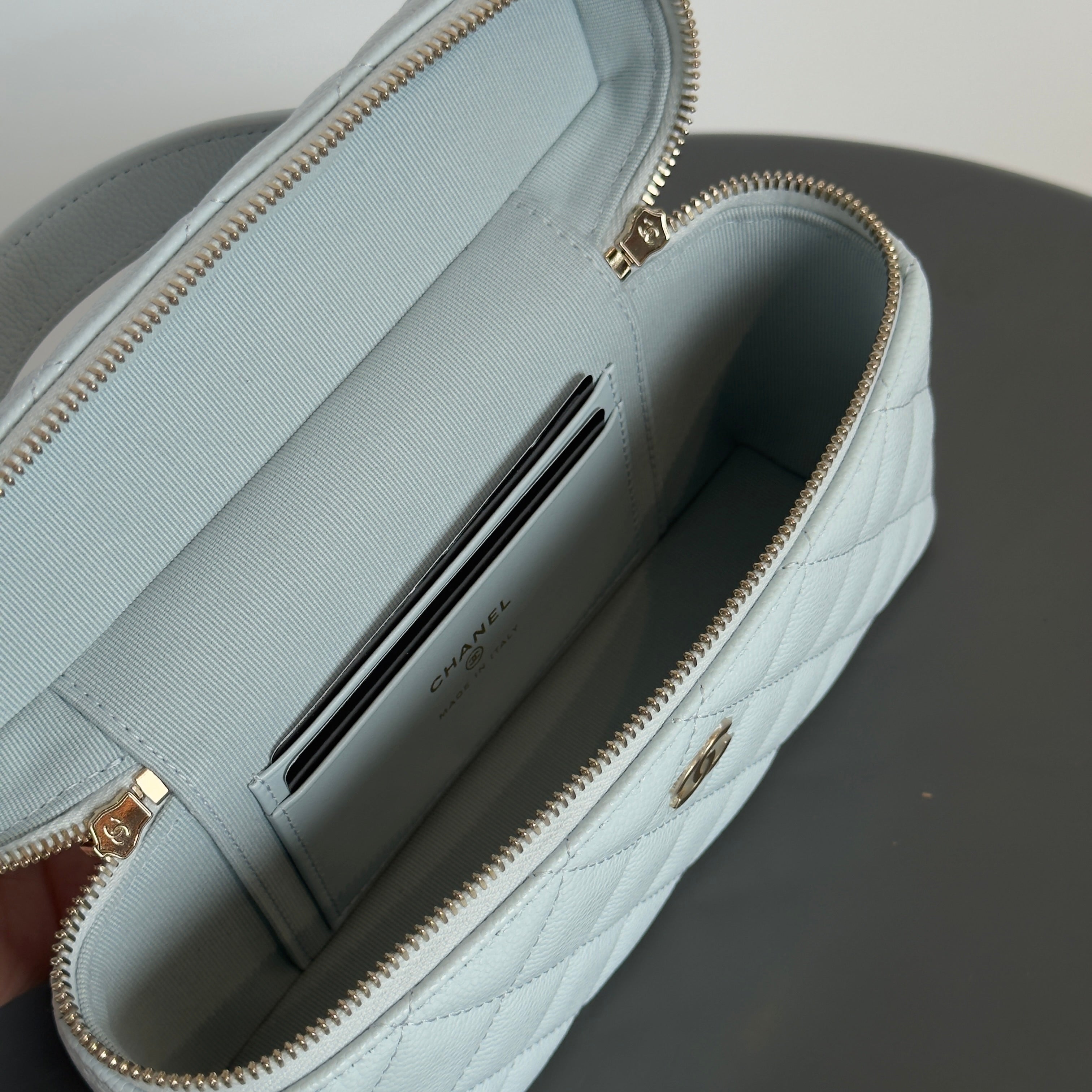 Chanel Caviar Quilted Top Handle Slim Vanity with Chain Light Blue - Queen May