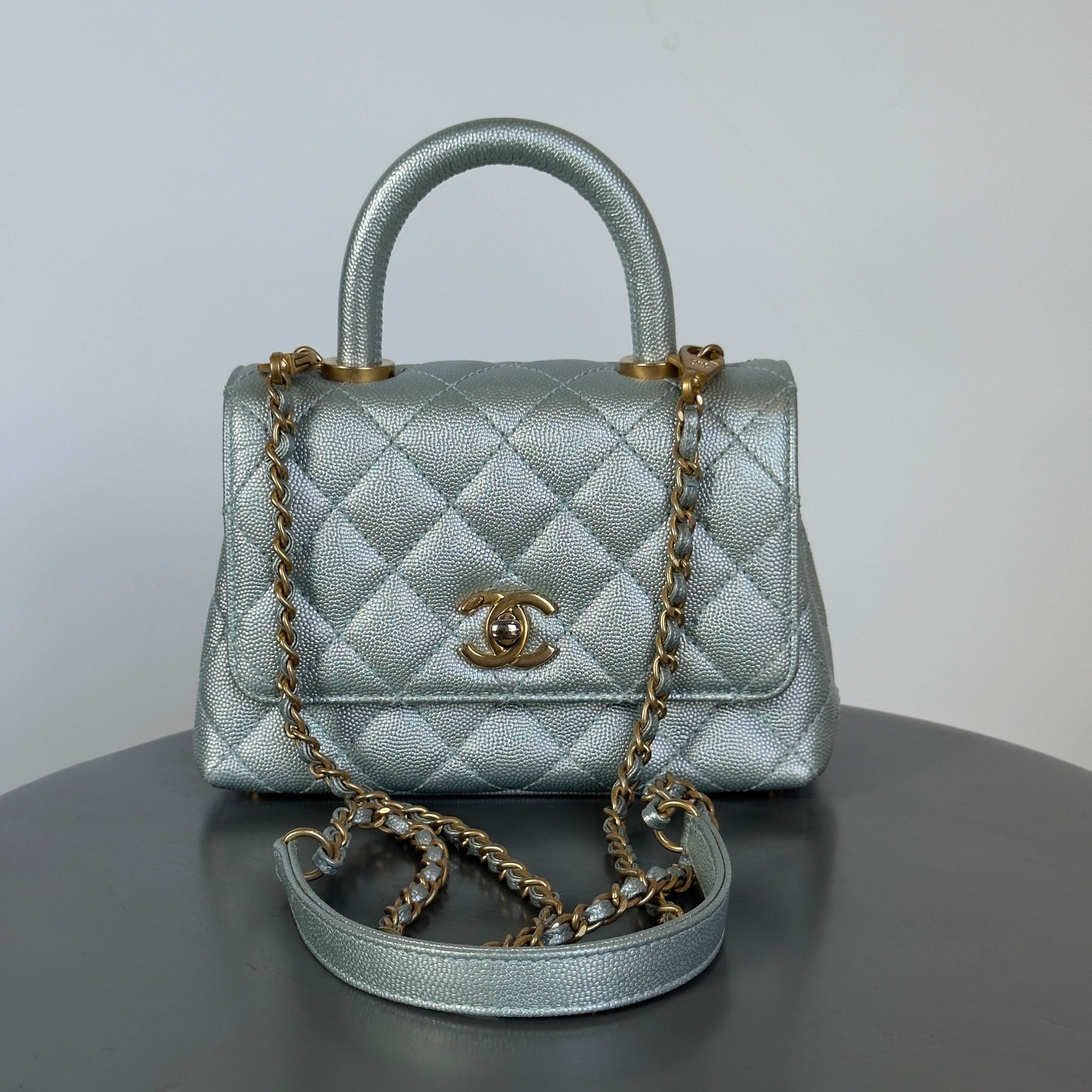 Chanel Metallic Caviar Quilted Mini Coco Handle Flap Light Blue - Queen May
