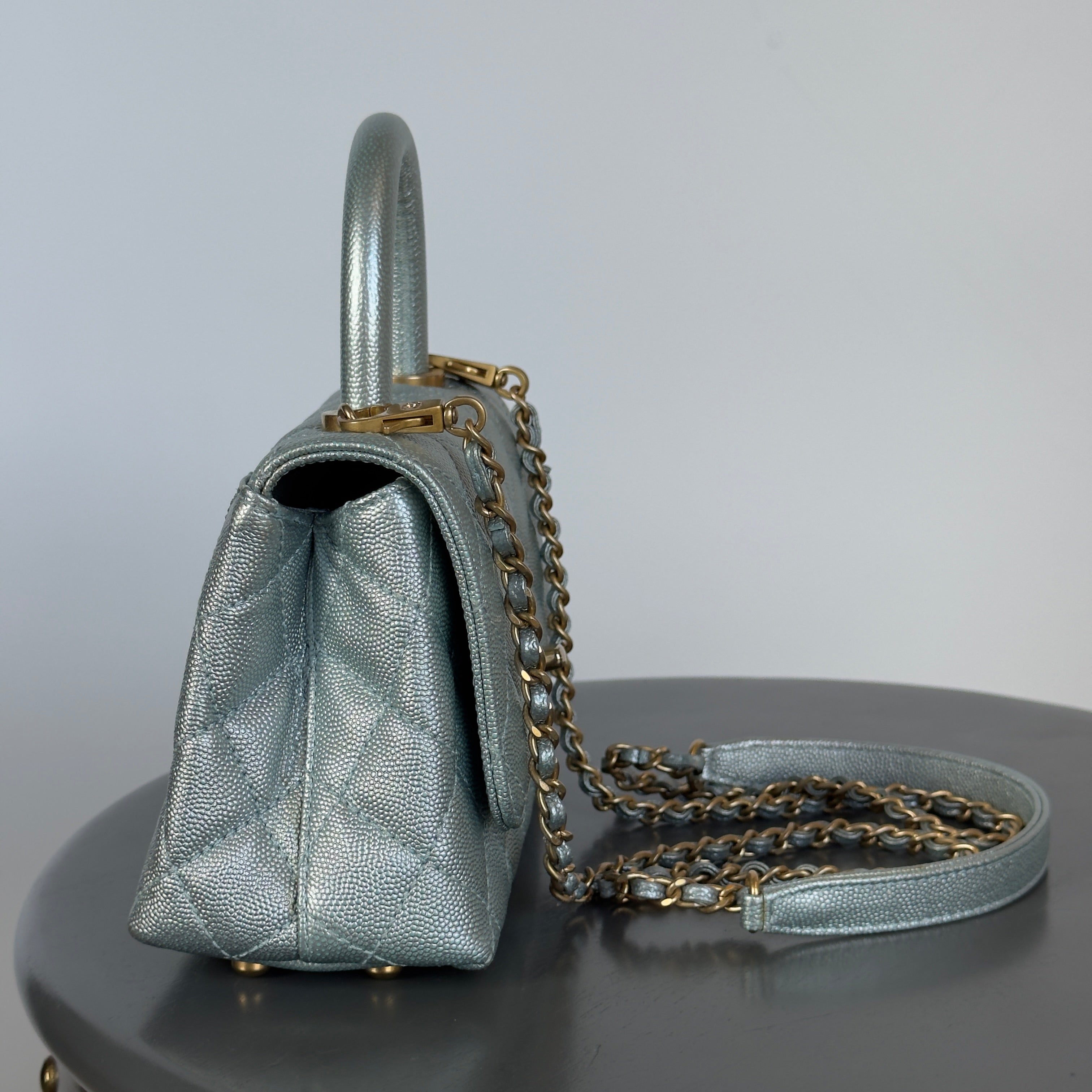 Chanel Metallic Caviar Quilted Mini Coco Handle Flap Light Blue - Queen May