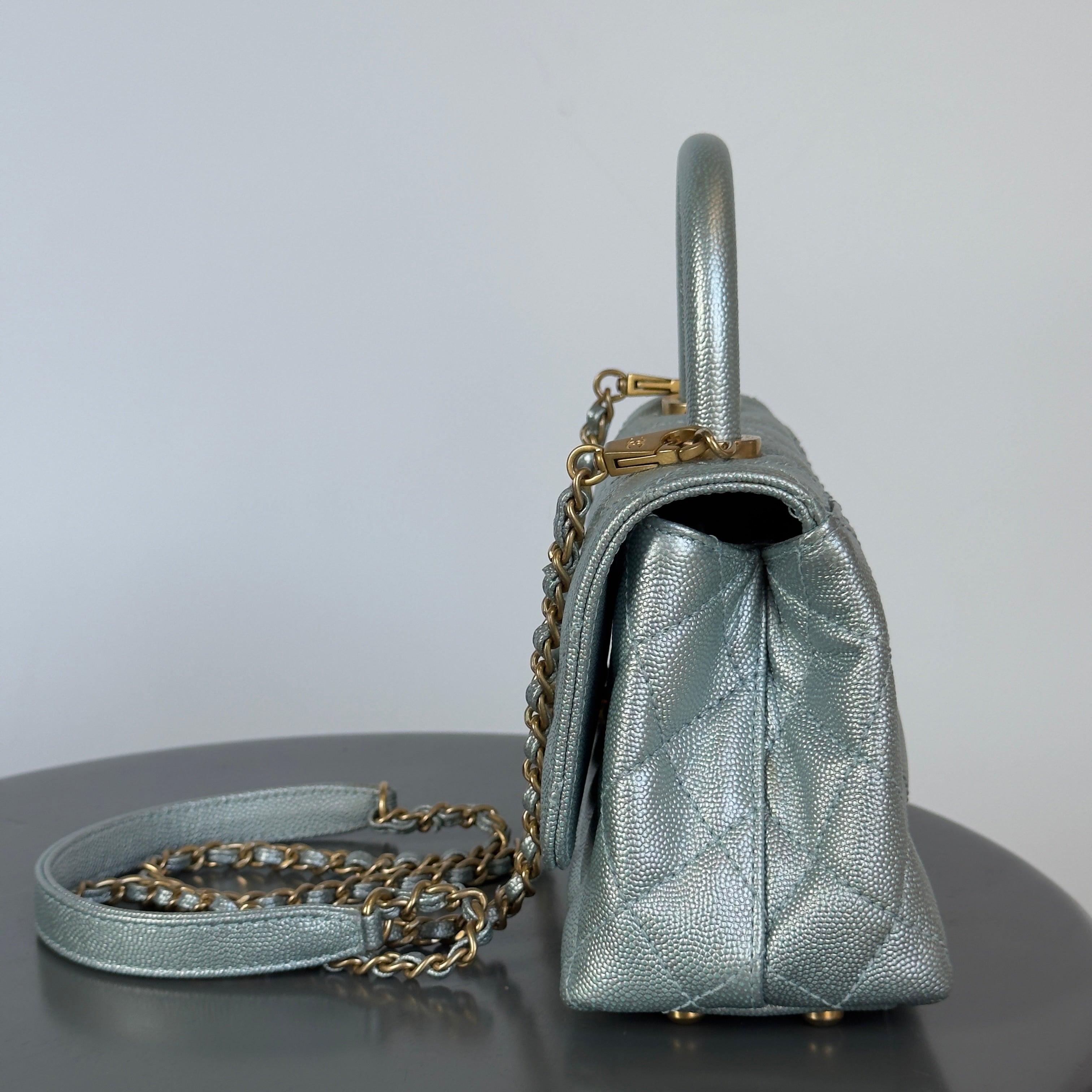 Chanel Metallic Caviar Quilted Mini Coco Handle Flap Light Blue - Queen May