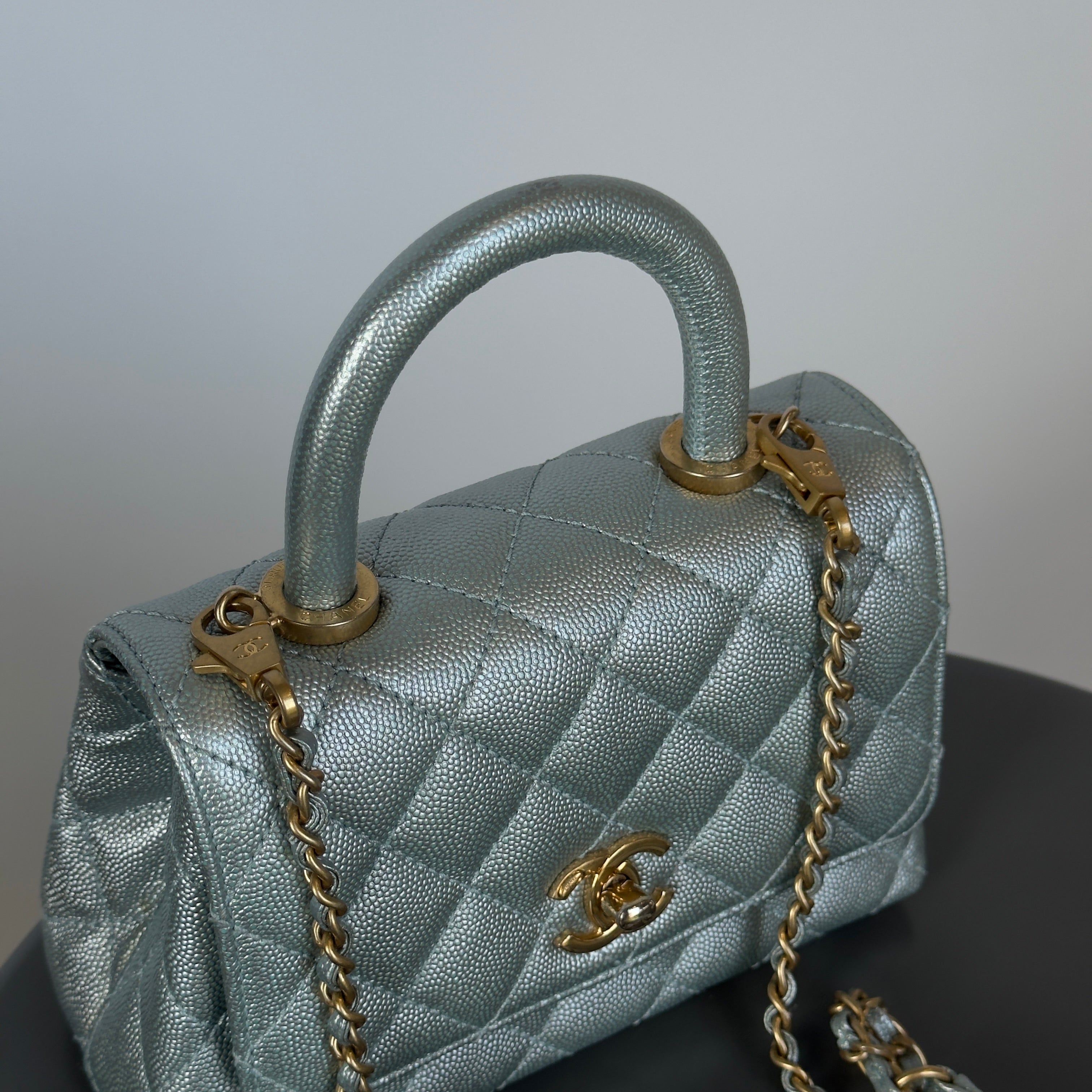 Chanel Metallic Caviar Quilted Mini Coco Handle Flap Light Blue - Queen May