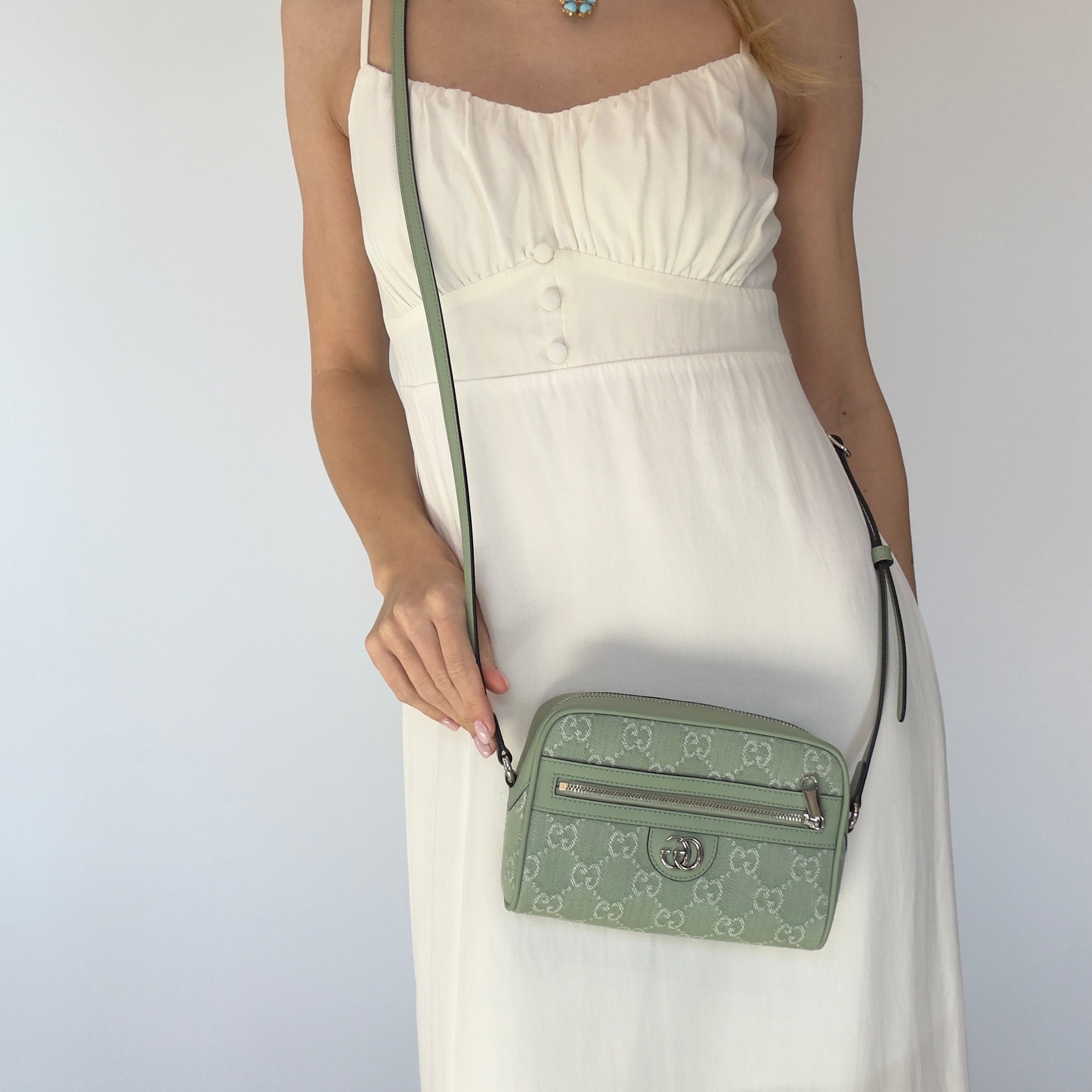 Gucci Ophidia Mini Bag in Pale Green Denim - Queen May