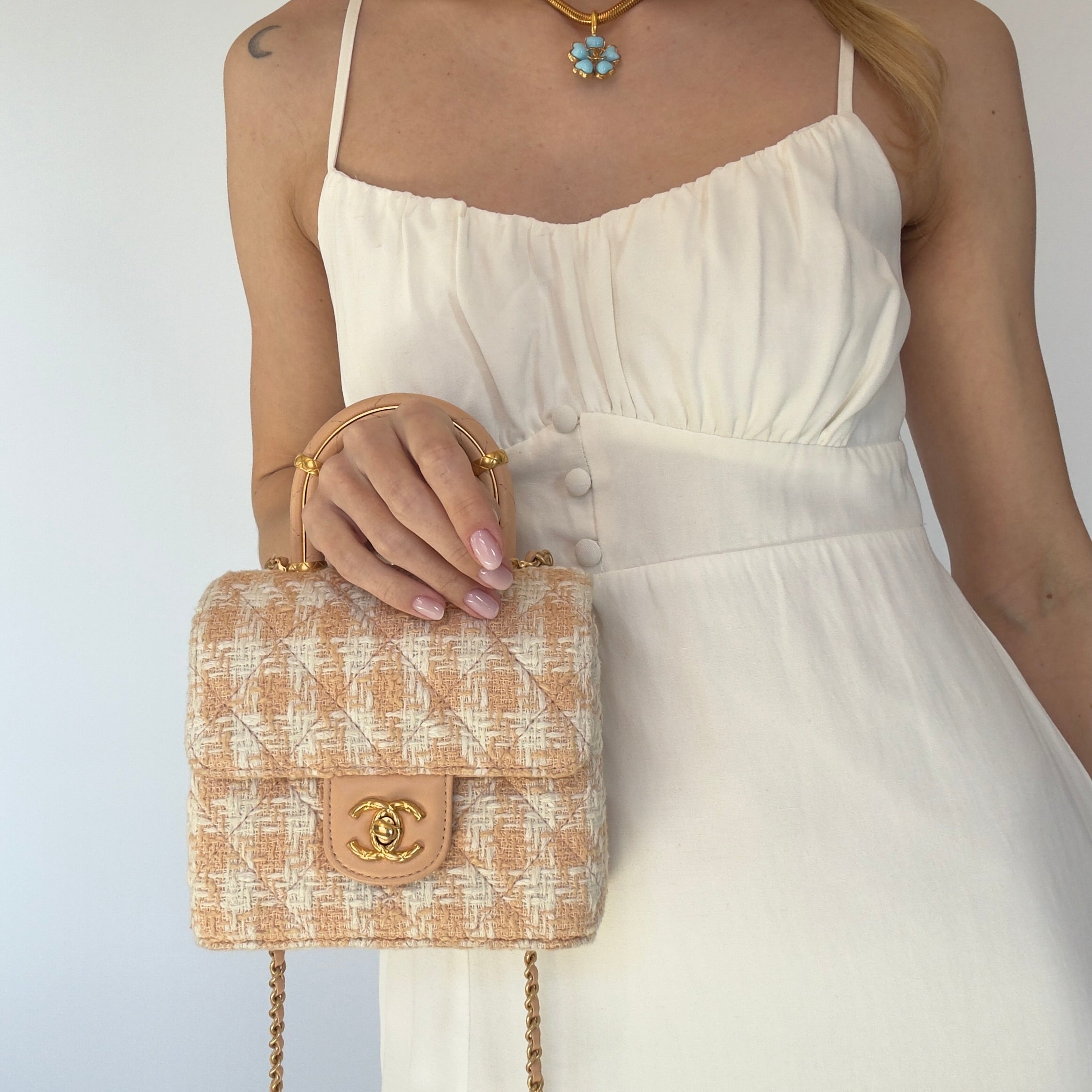 Chanel Crush Top Handle Flap Bag Quilted Tweed Mini - Queen May