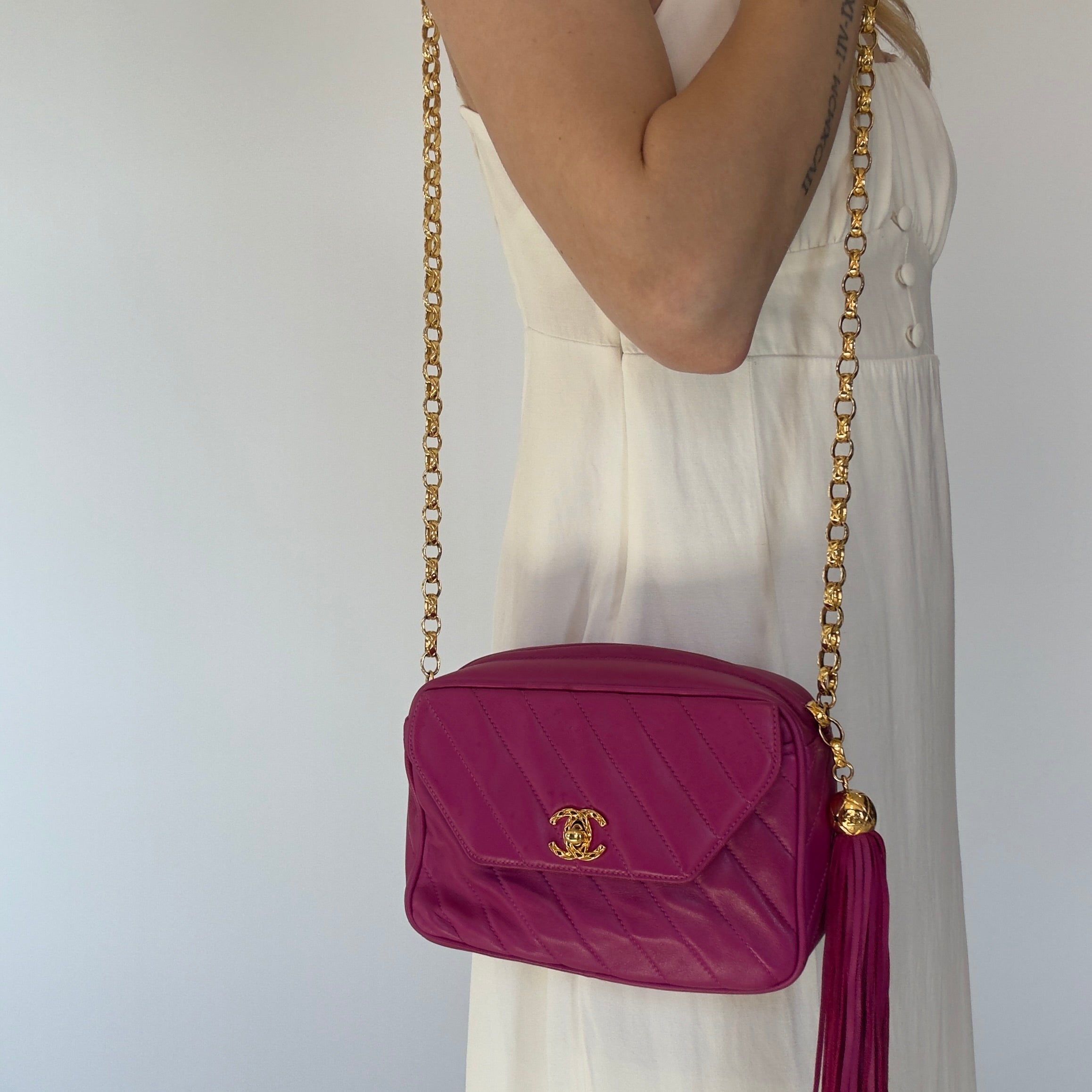 Chanel Mademoiselle Fringe Chain Shoulder Bag Lambskin Fuchsia CC Bijoux Chain - Queen May