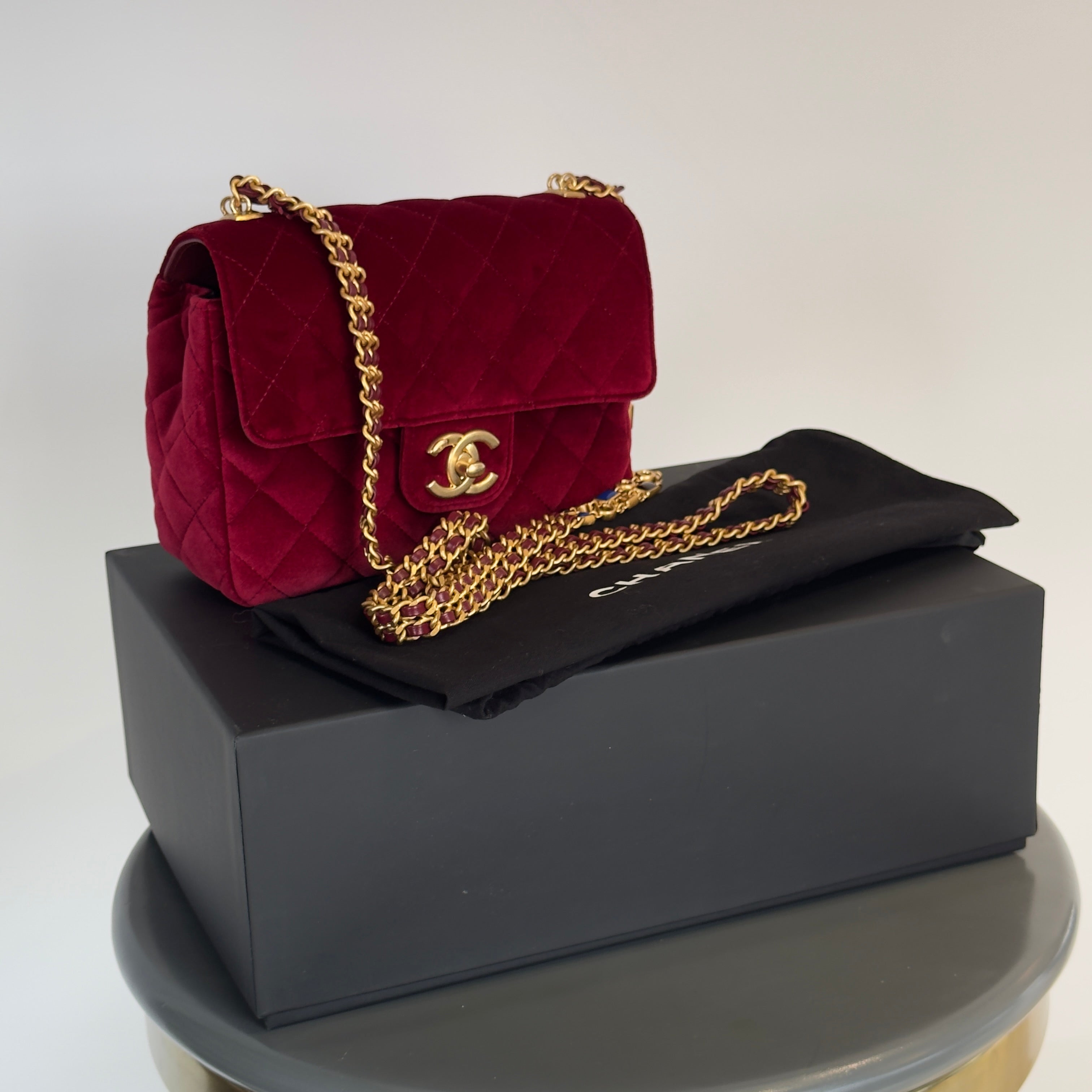 Chanel Burgundy Velvet Enamel Mini Flap Bag - Queen May
