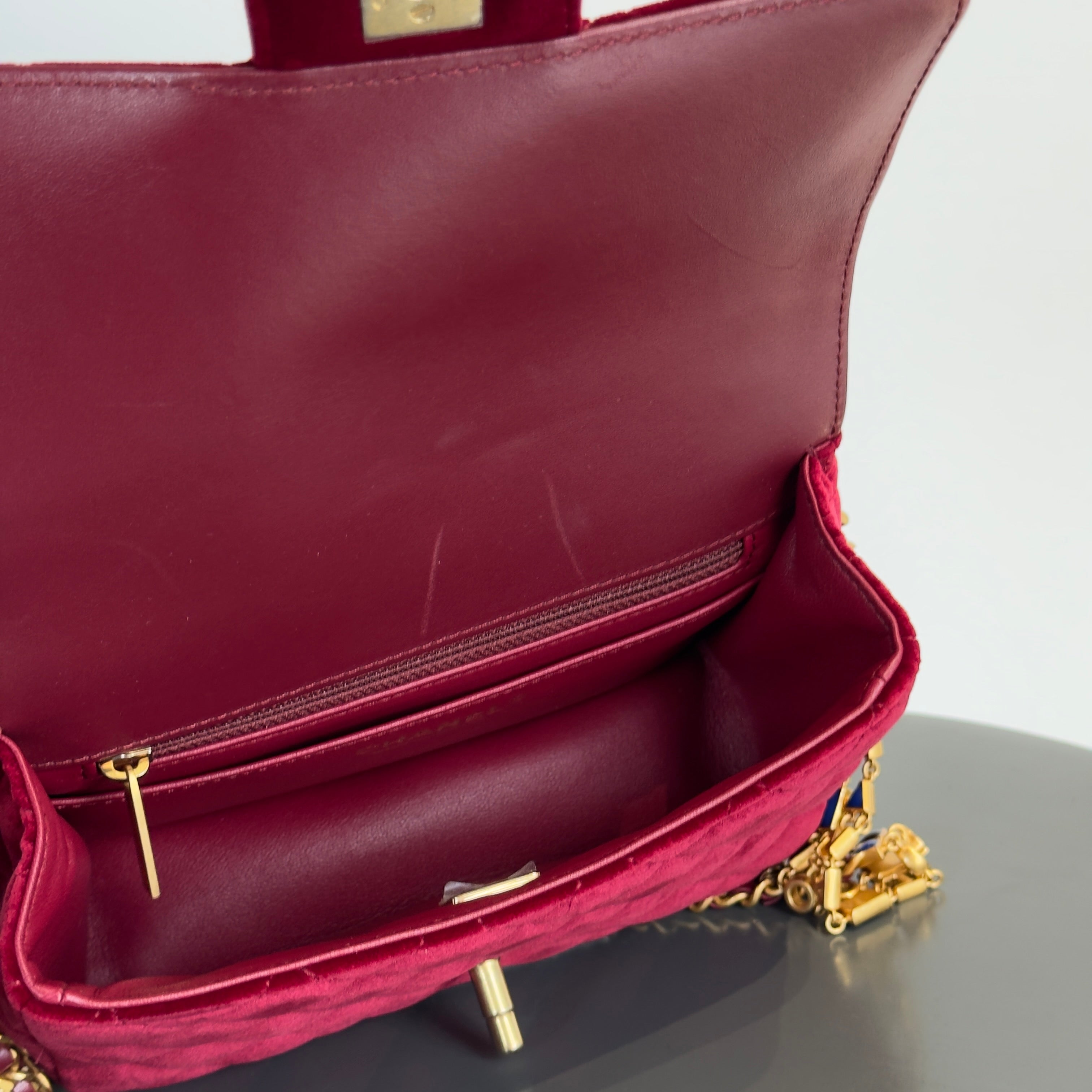 Chanel Burgundy Velvet Enamel Mini Flap Bag - Queen May