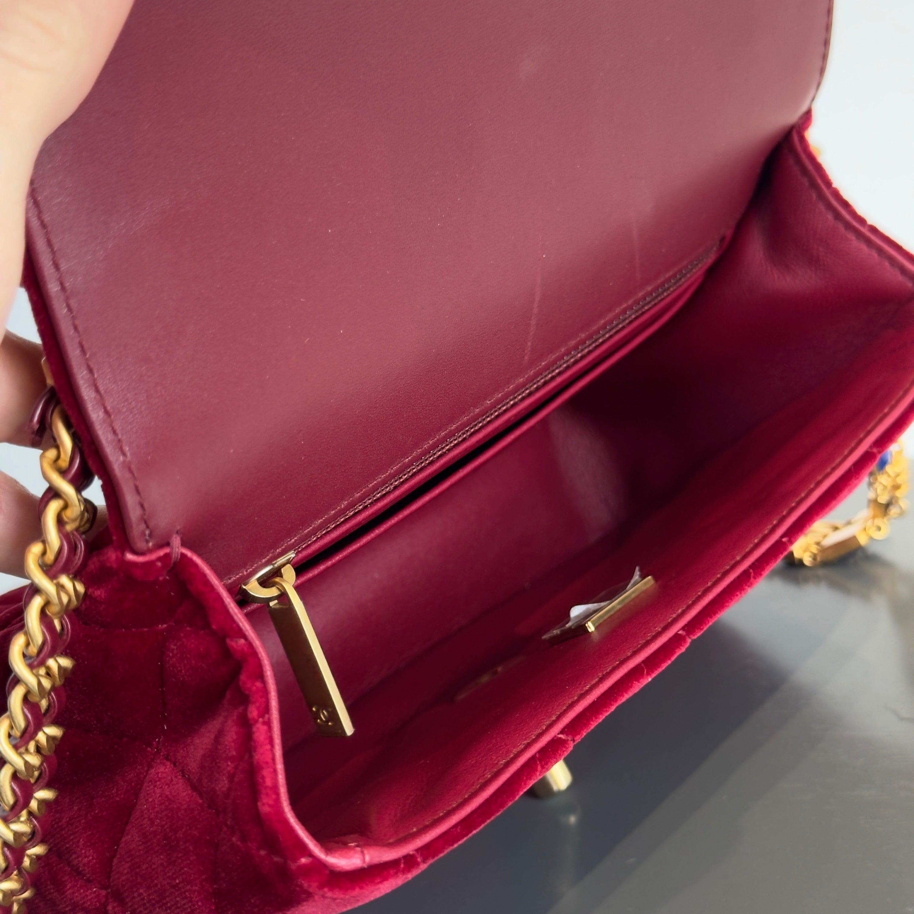 Chanel Burgundy Velvet Enamel Mini Flap Bag - Queen May