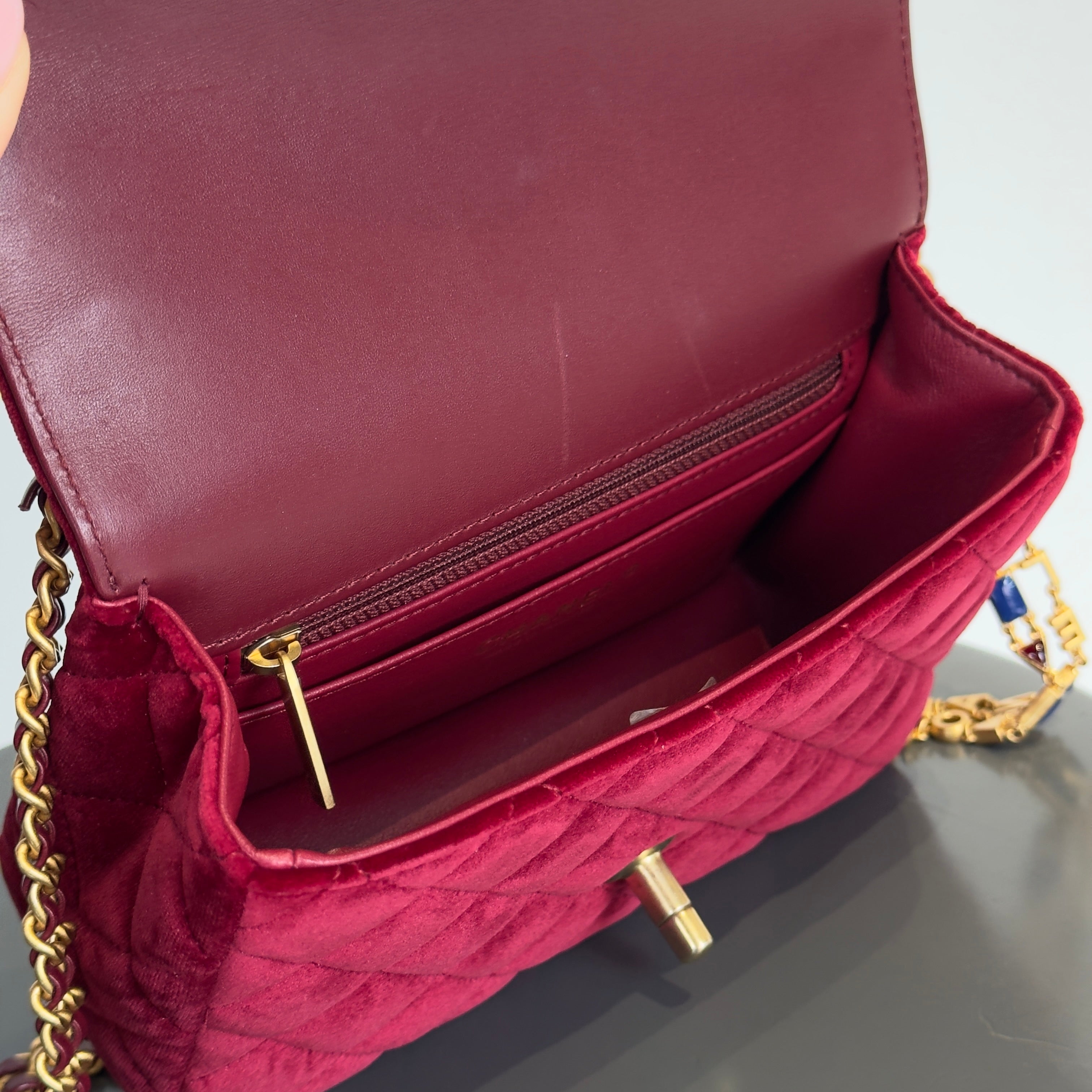 Chanel Burgundy Velvet Enamel Mini Flap Bag - Queen May