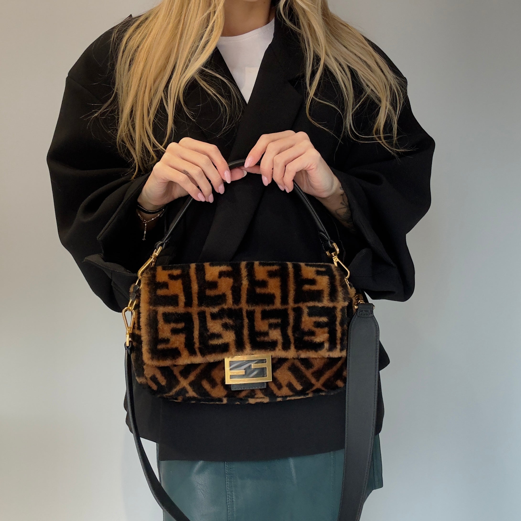 Fendi Shearling FF Zucca Baguette Bag - Queen May