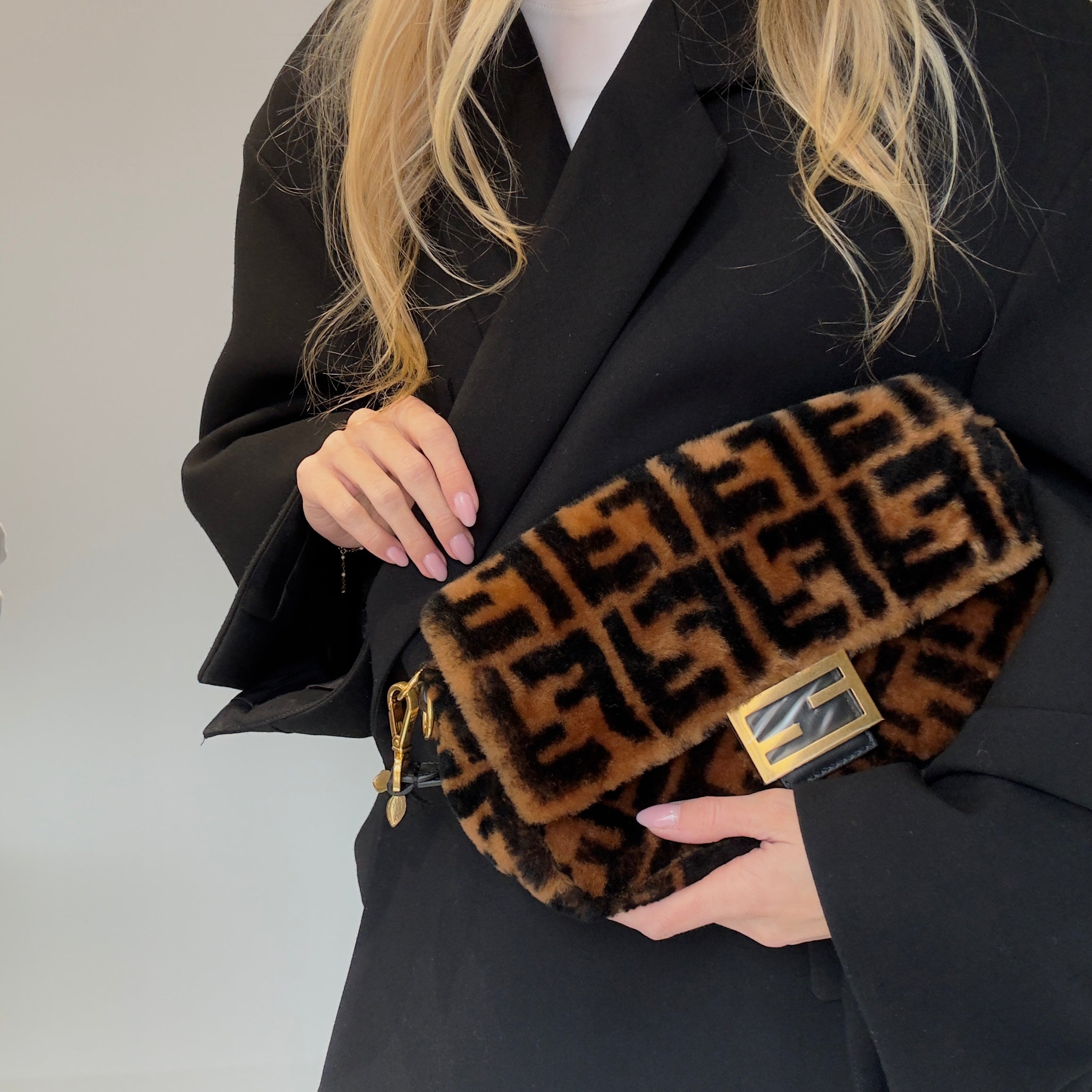 Fendi Shearling FF Zucca Baguette Bag - Queen May