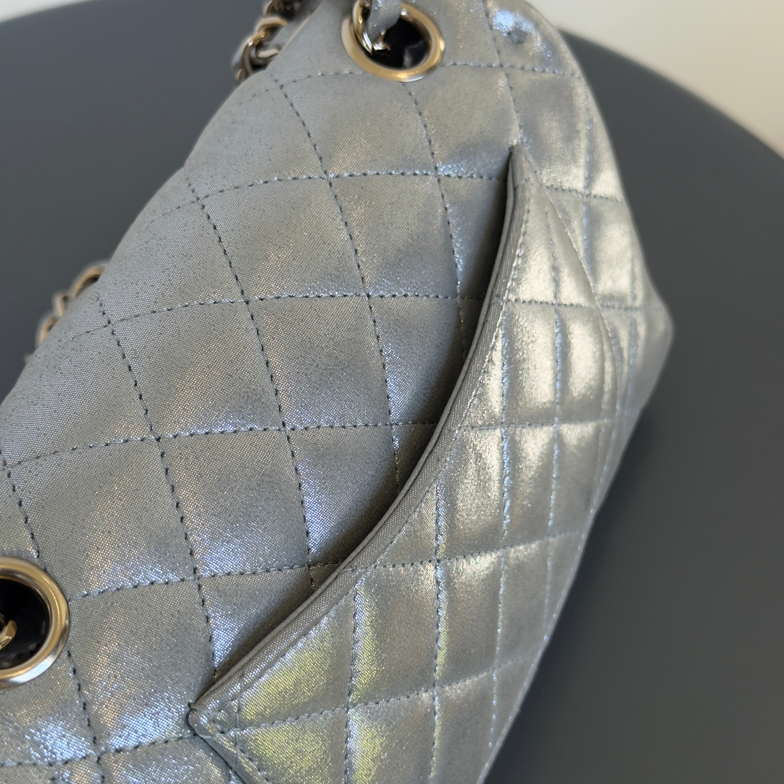 Chanel Iridescent Calfskin Quilted Mini Rectangular Flap Silver