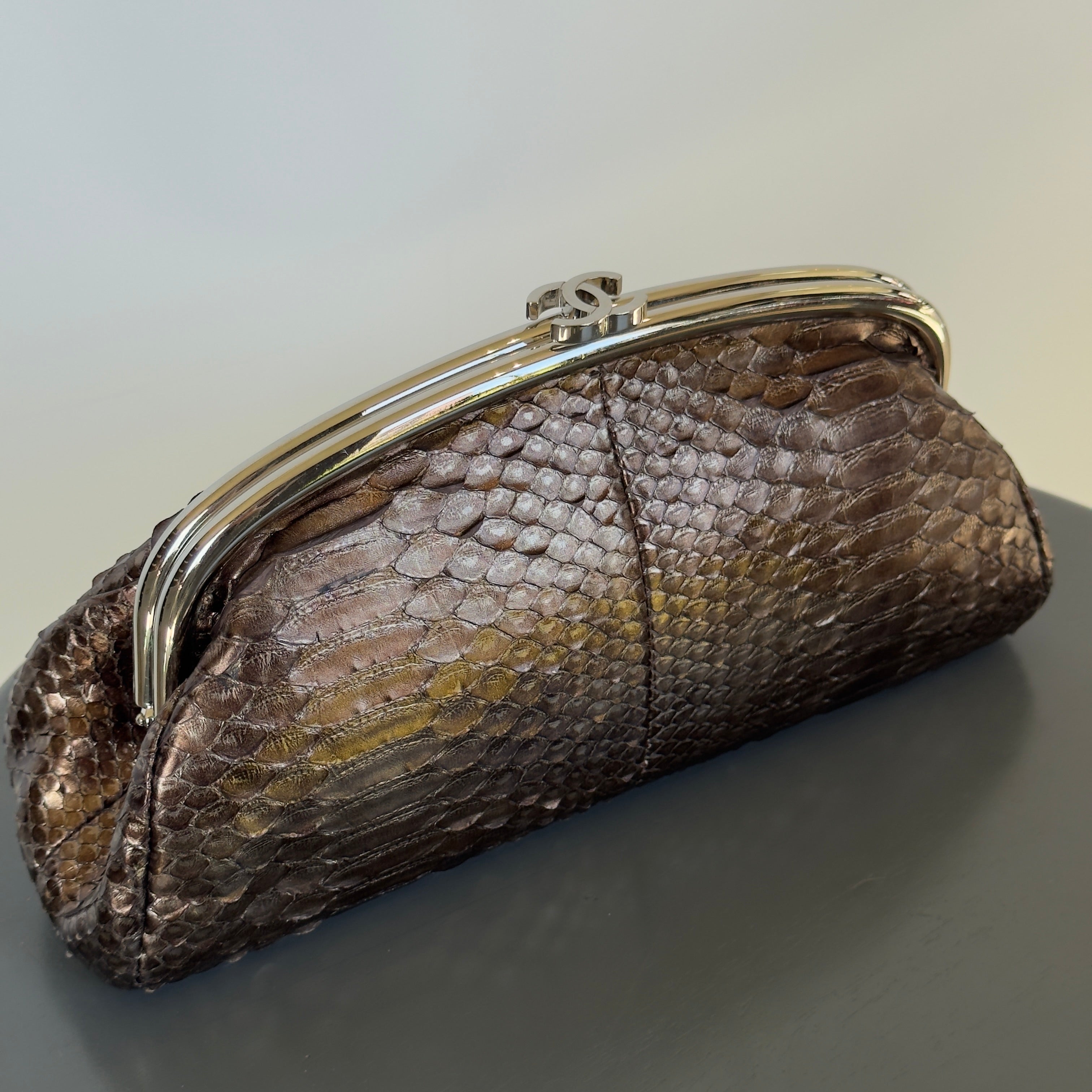 Chanel Metallic Python Timeless Clutch Khaki