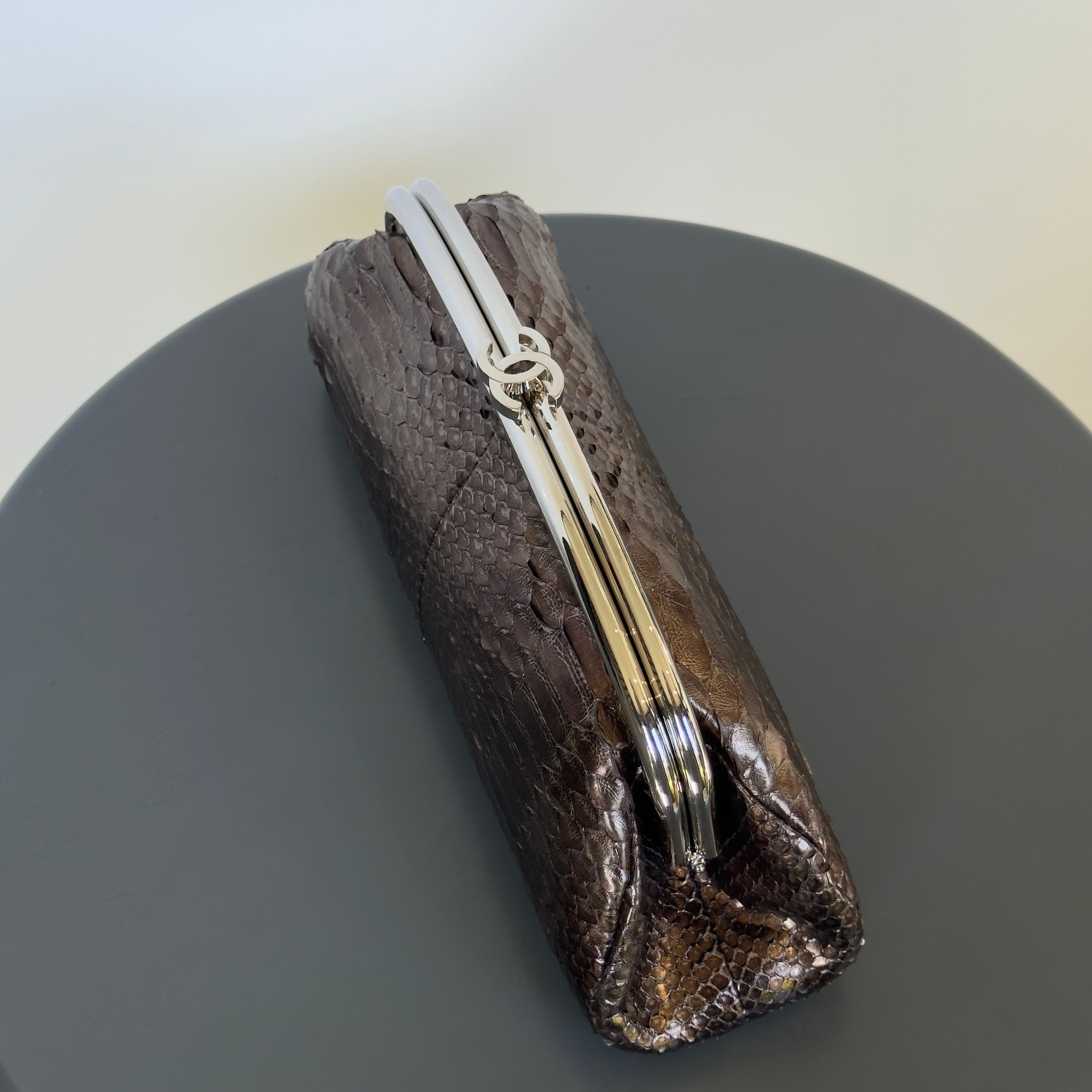 Chanel Metallic Python Timeless Clutch Khaki