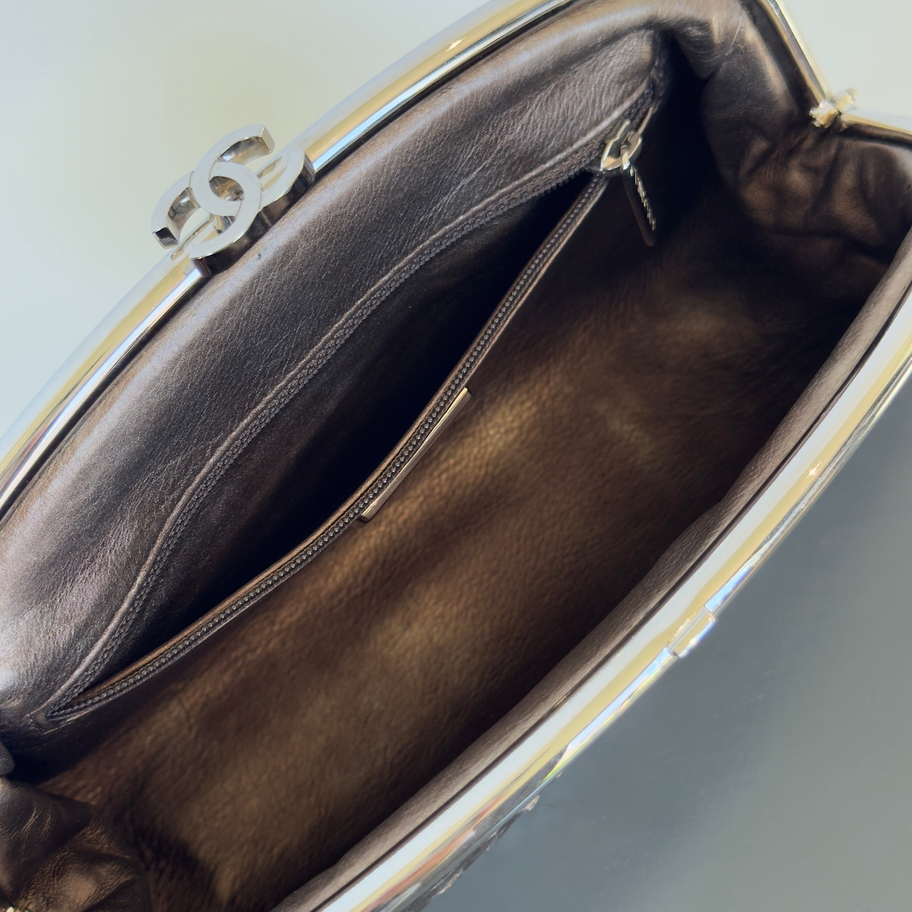 Chanel Metallic Python Timeless Clutch Khaki