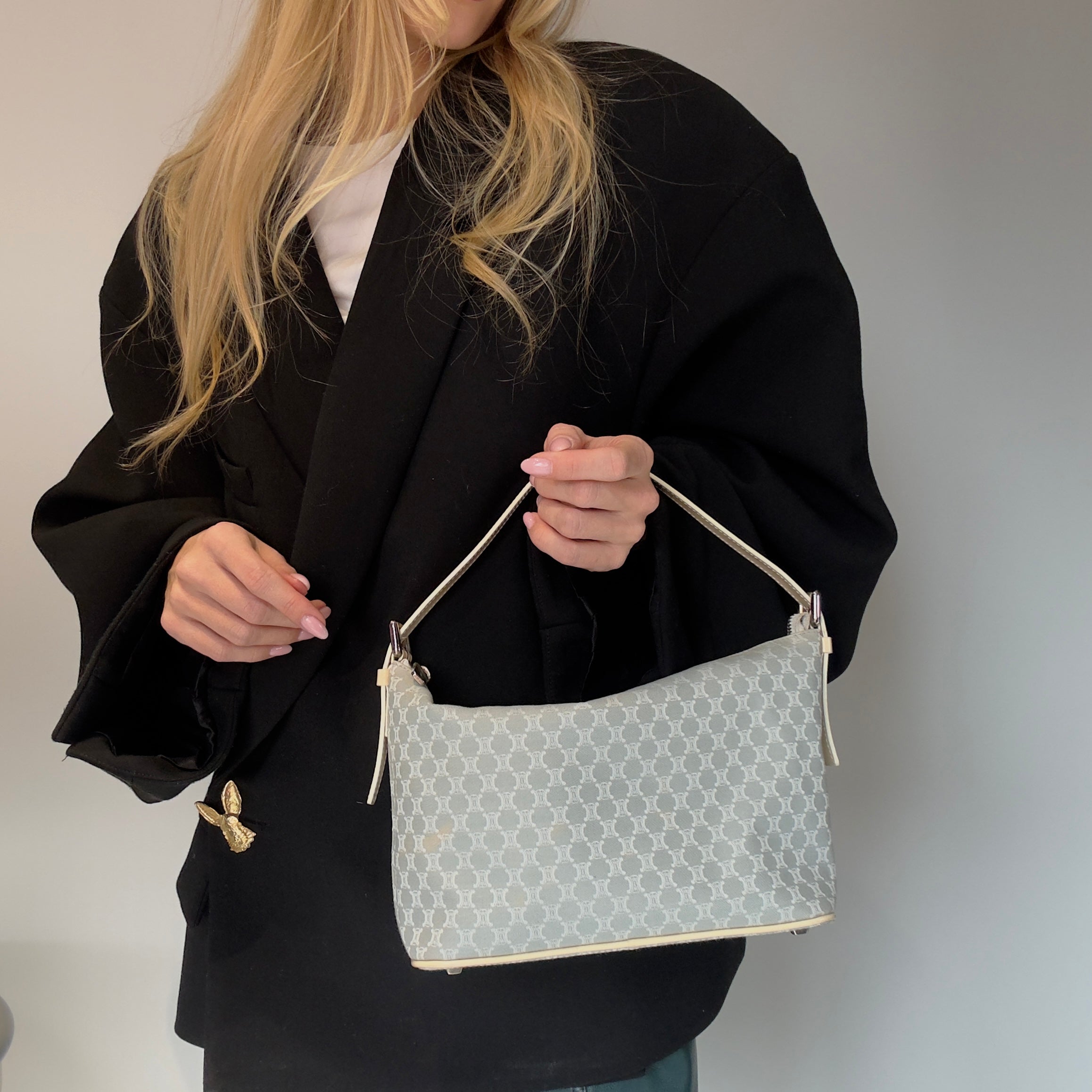 Vintage Celine Canvas Blue Triomphe Pochette - Queen May