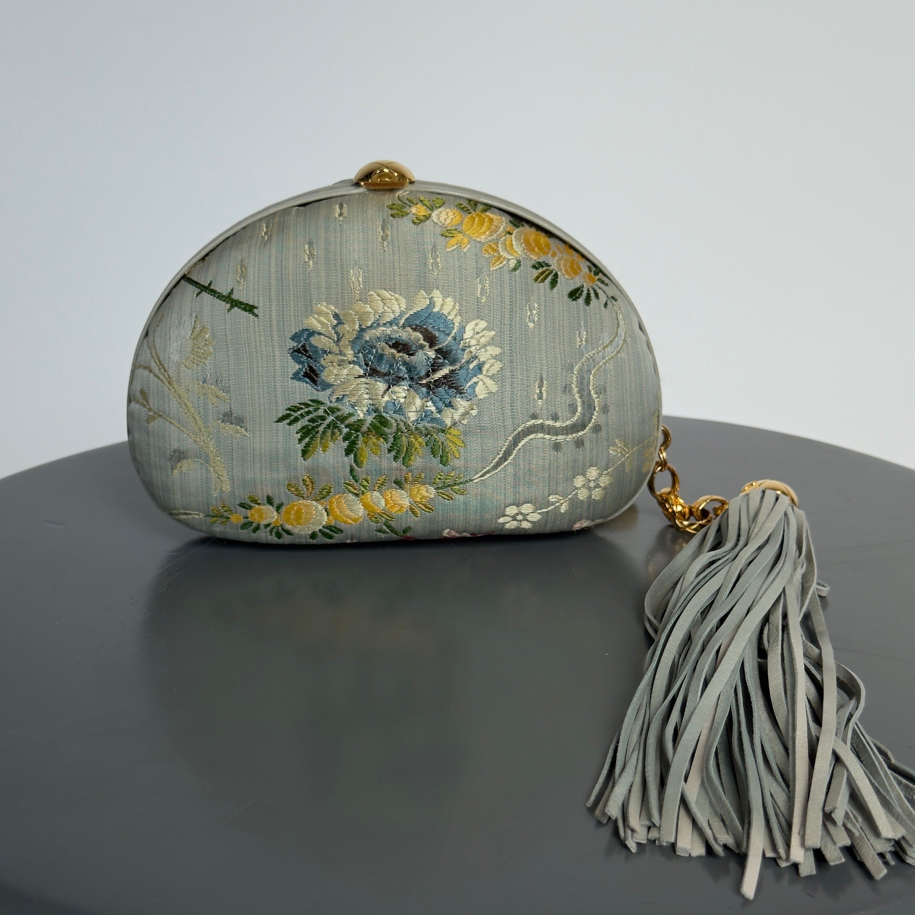 Rare Vintage Chanel Timeless Clutch Blue Brocade Silk Gold Hardware - Queen May