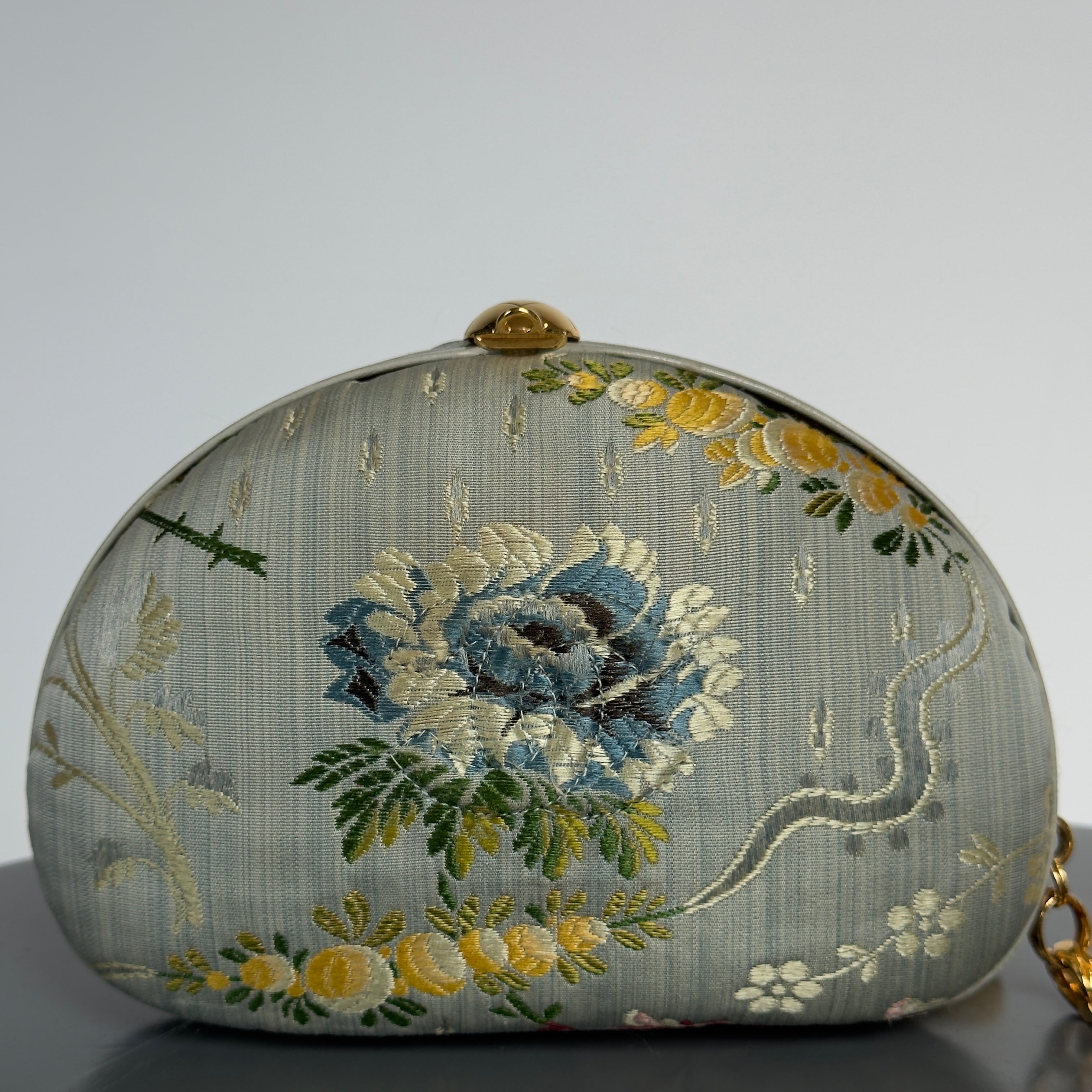 Rare Vintage Chanel Timeless Clutch Blue Brocade Silk Gold Hardware - Queen May