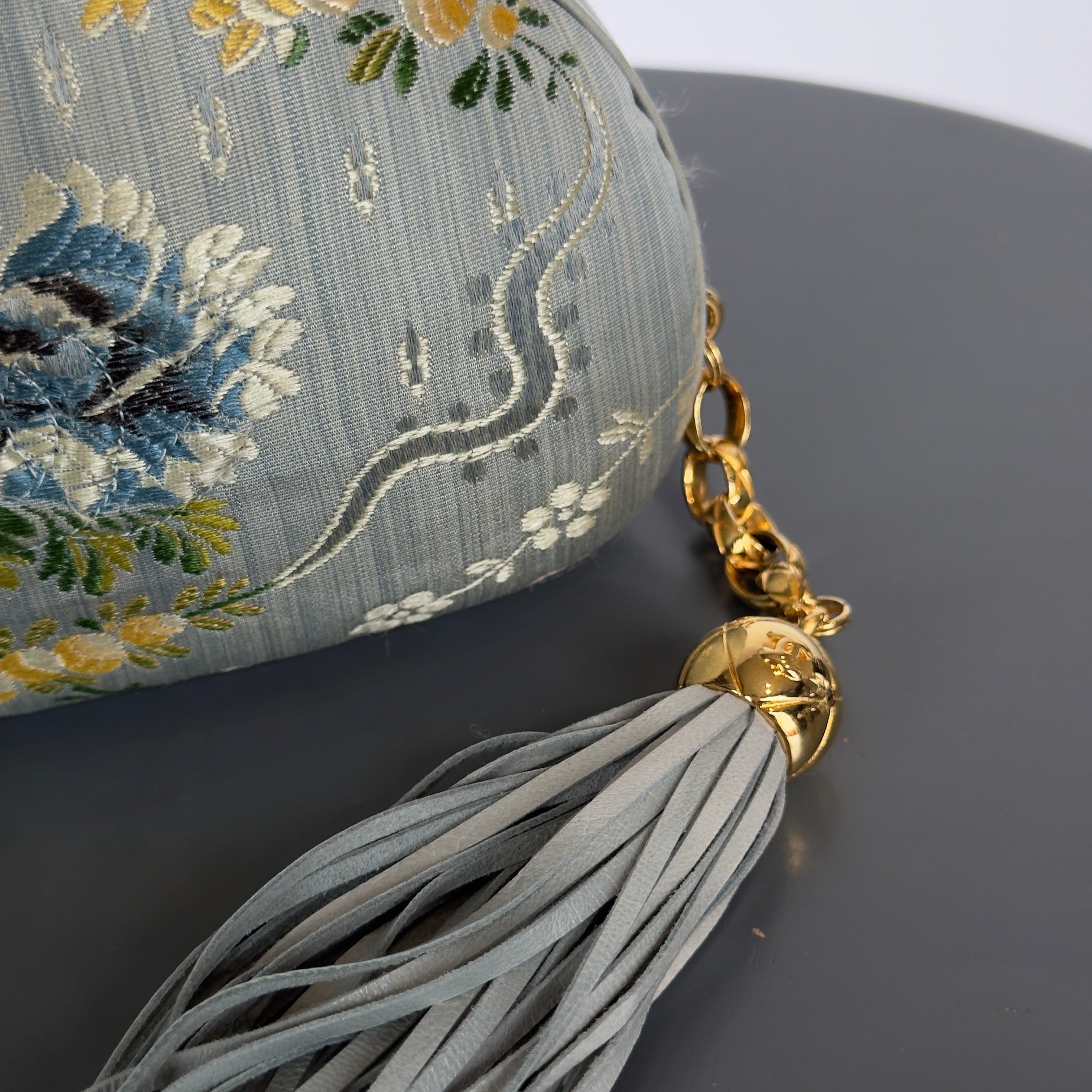 Rare Vintage Chanel Timeless Clutch Blue Brocade Silk Gold Hardware - Queen May