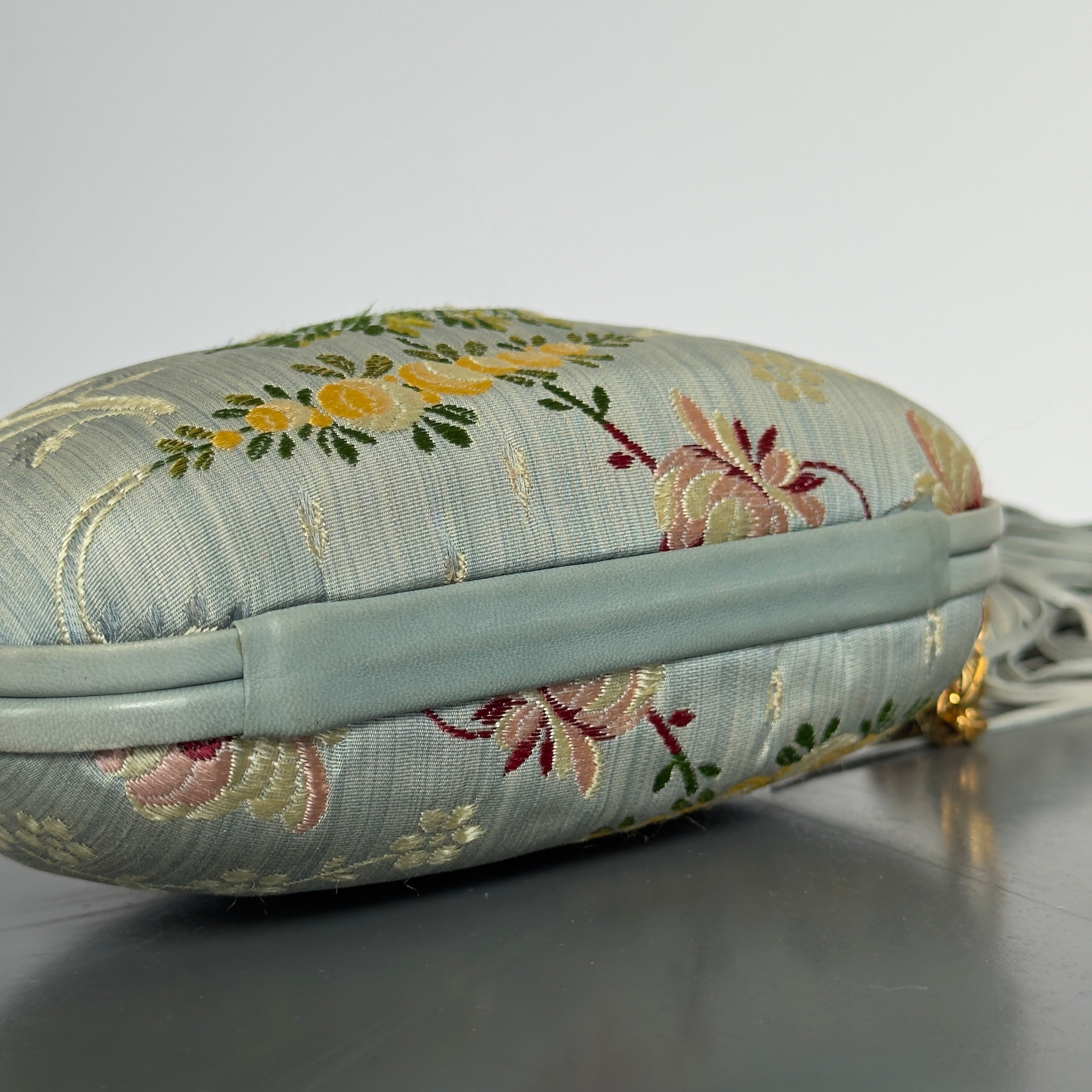 Rare Vintage Chanel Timeless Clutch Blue Brocade Silk Gold Hardware - Queen May