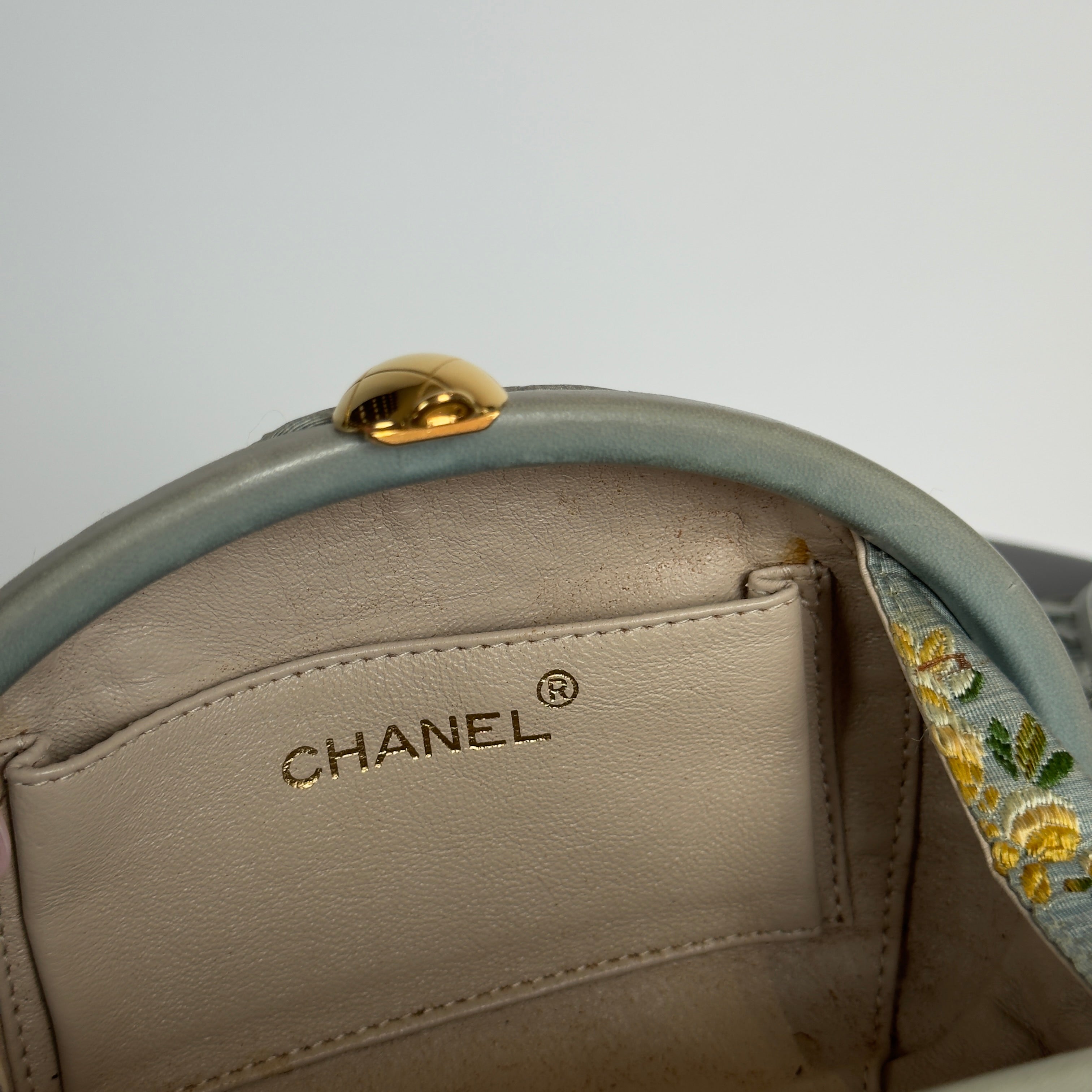 Rare Vintage Chanel Timeless Clutch Blue Brocade Silk Gold Hardware - Queen May
