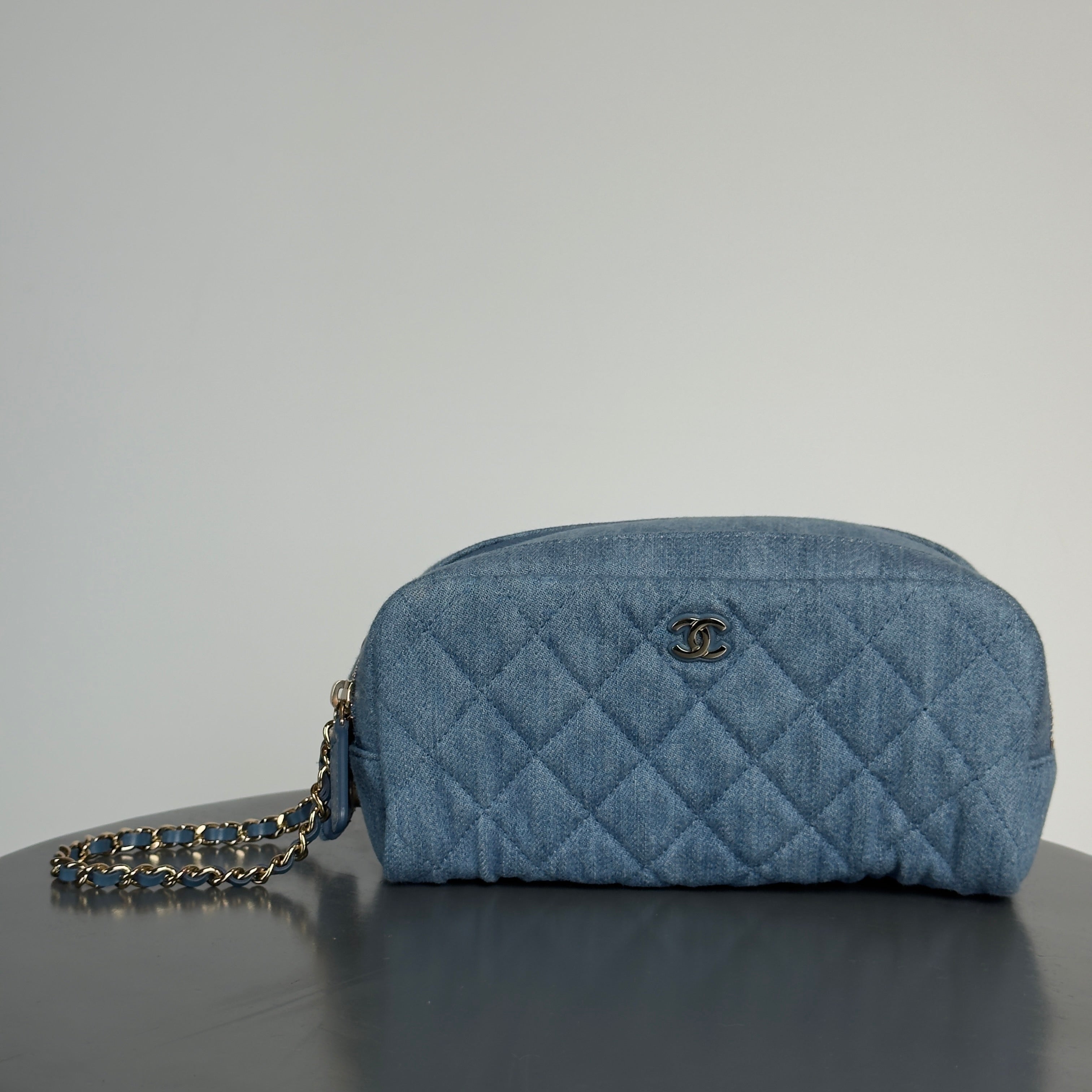Chanel 24C Blue Denim Quilted Cosmetic Pouch on Chain - Queen May