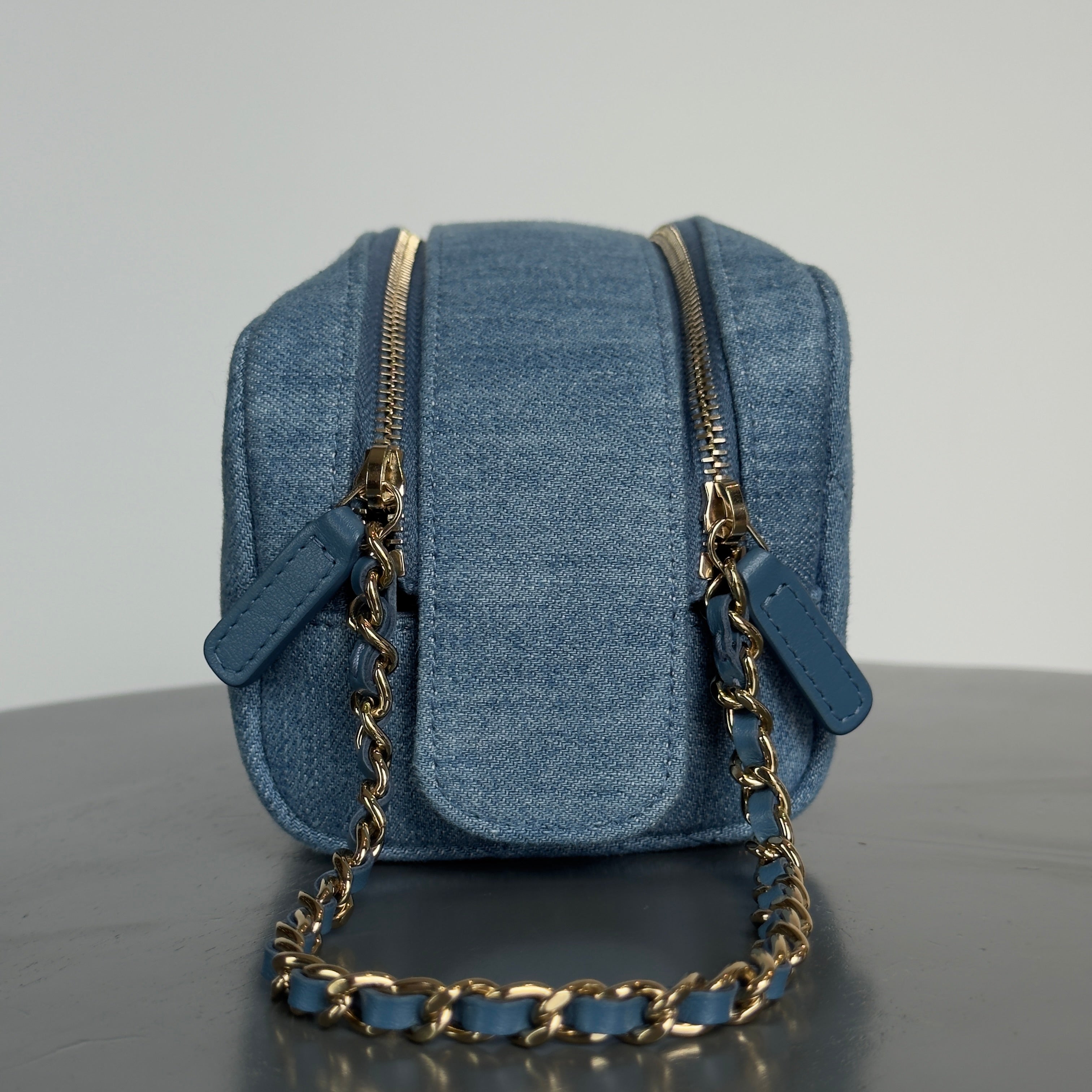 Chanel 24C Blue Denim Quilted Cosmetic Pouch on Chain - Queen May