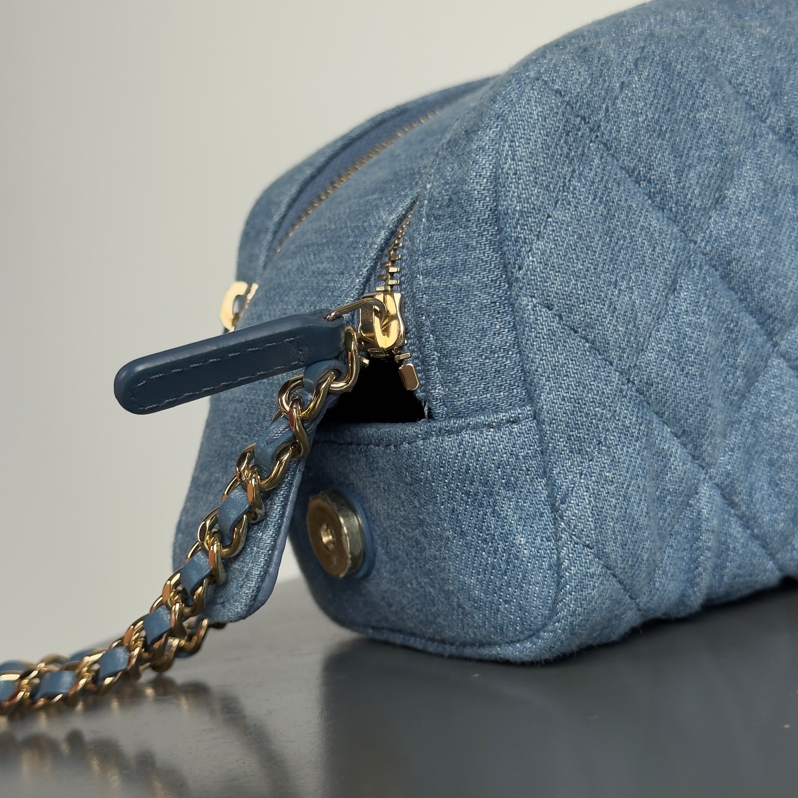Chanel 24C Blue Denim Quilted Cosmetic Pouch on Chain - Queen May